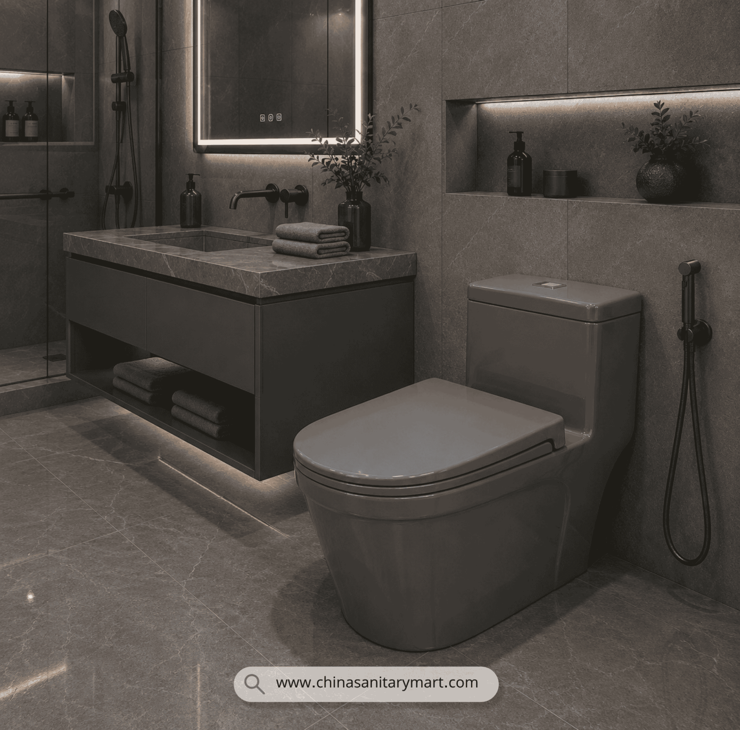 413-Go commode, Ornt Grey commode, grey toilet bowl, one-piece commode, luxury grey sanitary ware, gold accent toilet, modern floor standing toilet, China Sanitary Mart, premium bathroom fittings, one-piece water closet