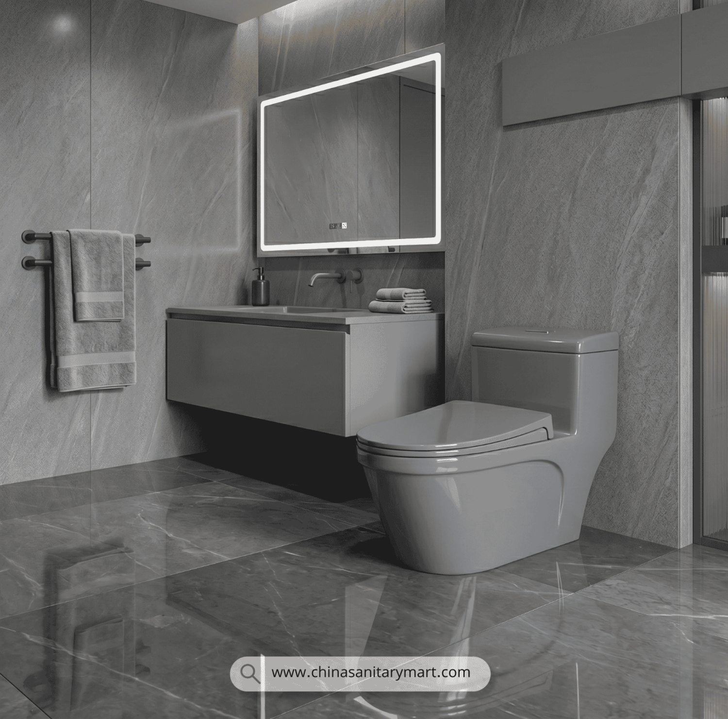 413-Go commode, Ornt Grey commode, grey toilet bowl, one-piece commode, luxury grey sanitary ware, gold accent toilet, modern floor standing toilet, China Sanitary Mart, premium bathroom fittings, one-piece water closet