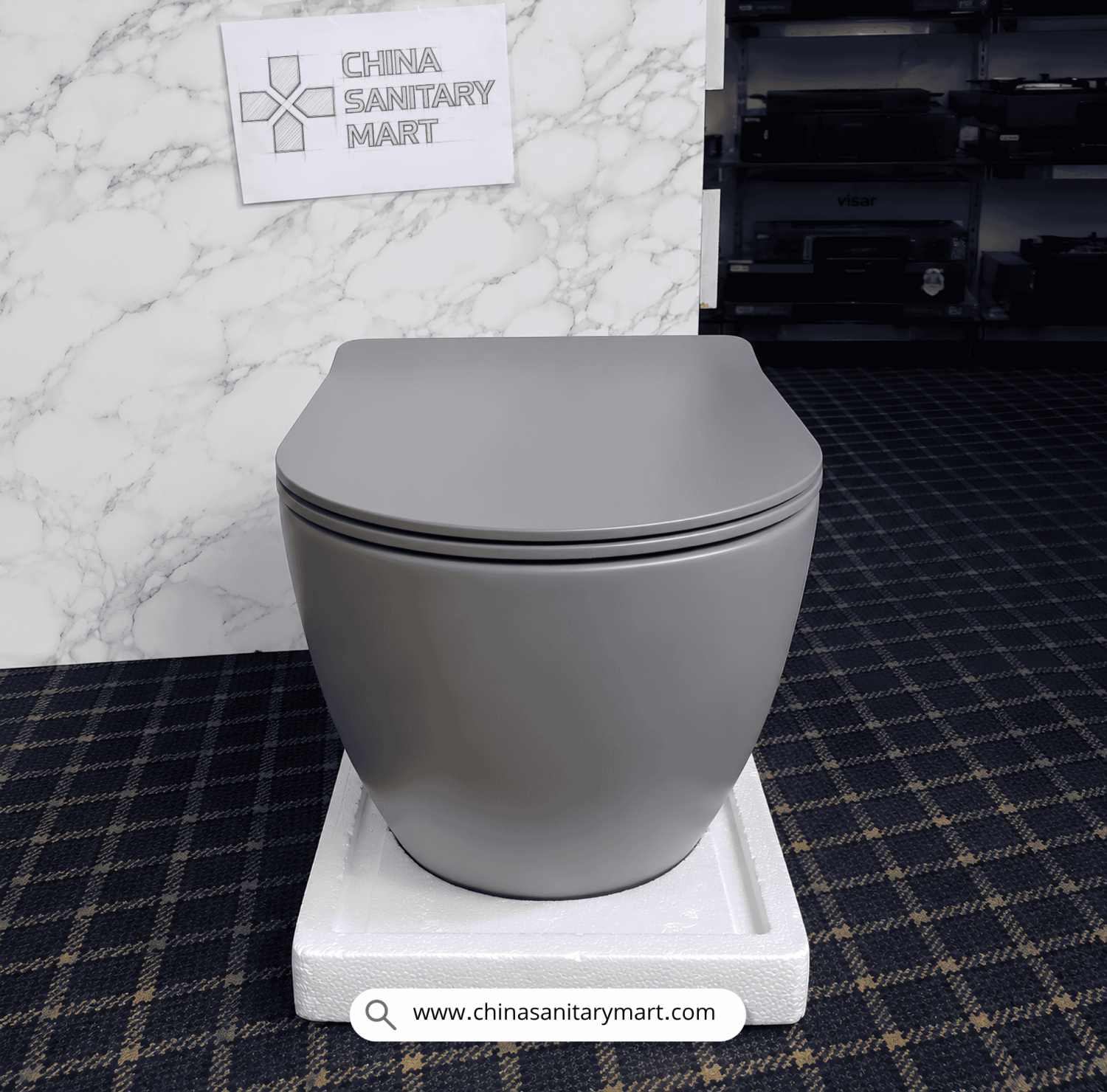 commode, Castle Gray toilet, wall hung commode, round wall mounted toilet, gray sanitary ware, modern bathroom fittings, premium ceramic commode, China Sanitary Mart, space saving toilet, colored commode
