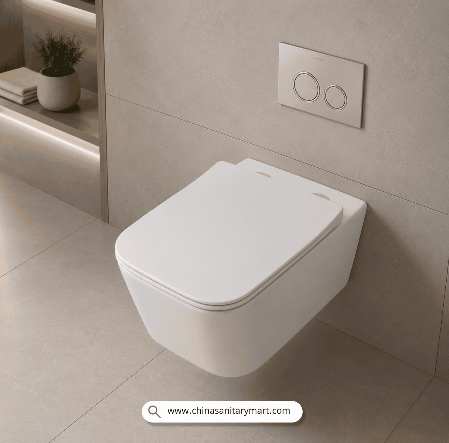 Italian Standard T103 SQ, white wall hung toilet, square toilet bowl, square wall mounted commode, luxury sanitary ware, premium ceramic toilet, China Sanitary Mart, space saving commode, modern bathroom fittings