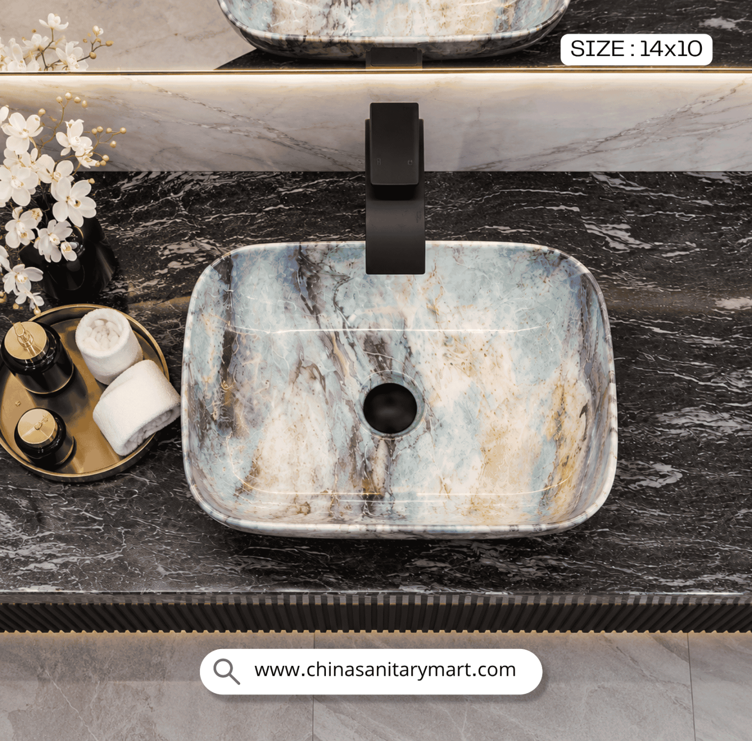 Exclusive marble basin 1014, cosmic vein wash basin, dark marble countertop sink, vanity basin with cosmic veins, luxury bathroom sanitary ware, China Sanitary Mart, premium ceramic wash basin, modern vanity bowl, black marble basin