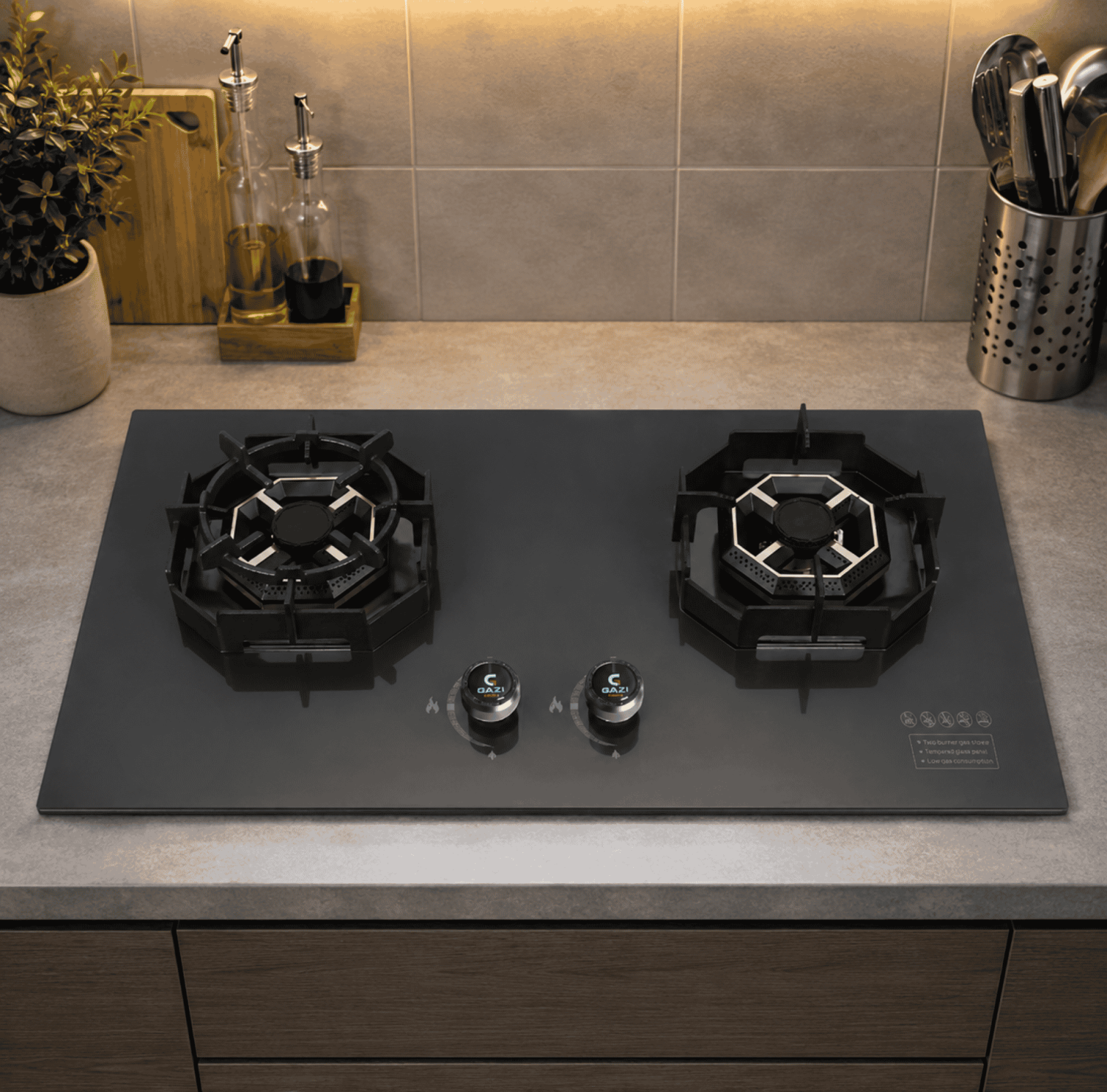 Gazi gas stove, GH-8208M, double burner gas stove, built-in gas hob, tempered glass gas stove, kitchen appliances, Gazi kitchenware, energy-efficient gas stove, gas cooker.