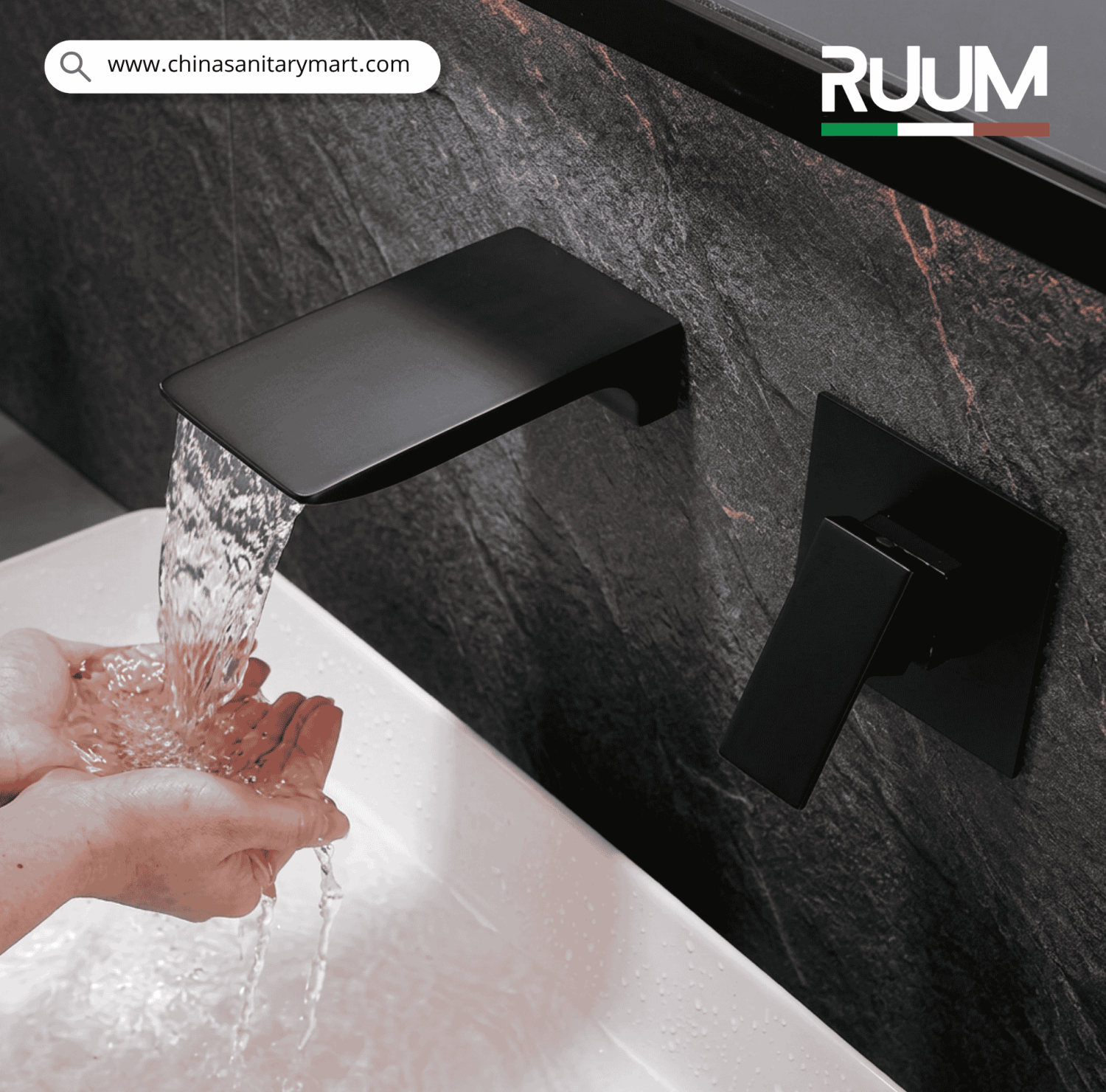 wall mount basin mixer, matte black basin mixer, basin mixer tap, black bathroom faucet, waterfall basin mixer, wall mixer tap, modern bathroom accessories, premium basin mixer, basin tap Bangladesh, China Sanitary Mart, ruum