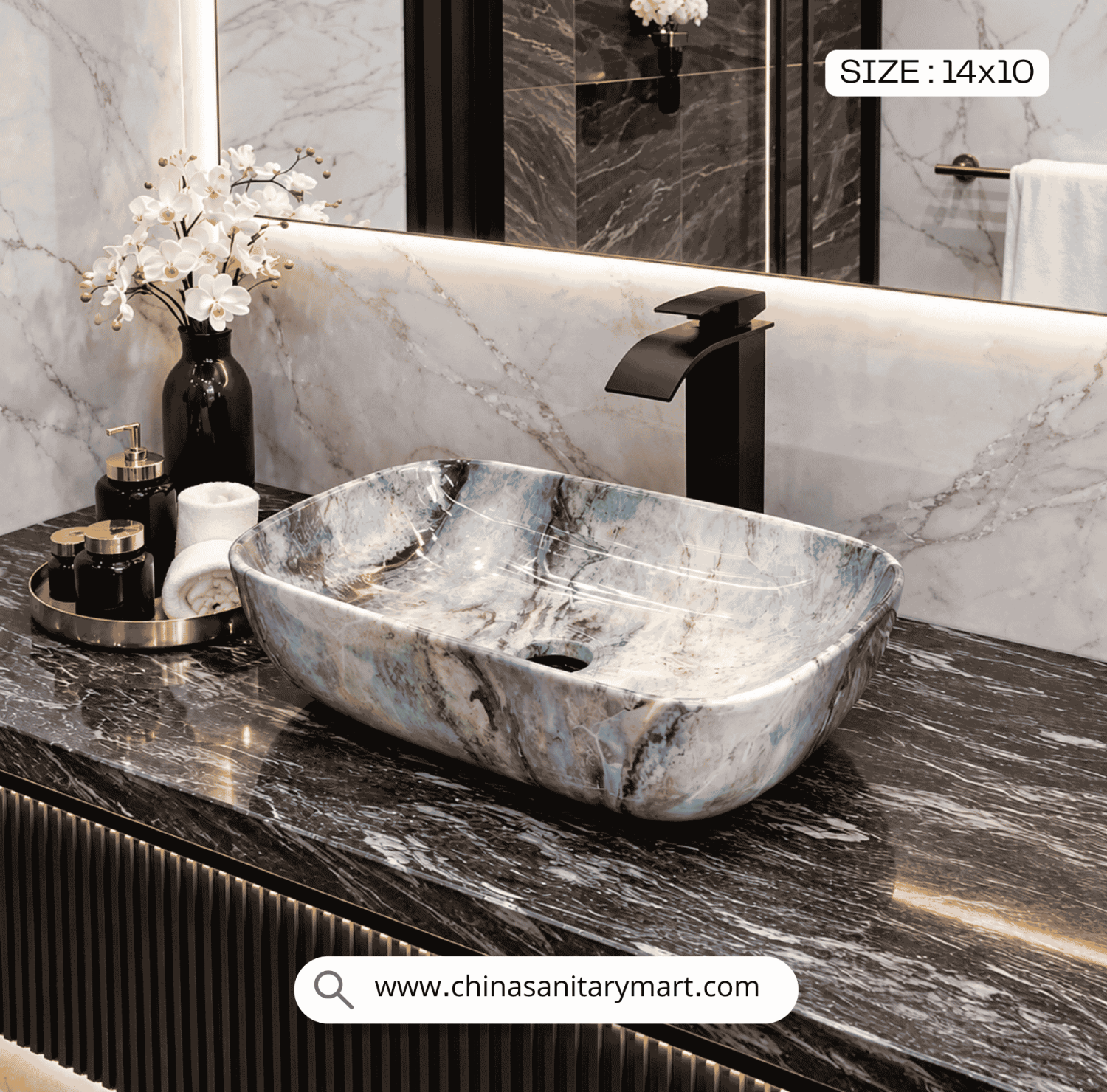 Exclusive marble basin 1014, cosmic vein wash basin, dark marble countertop sink, vanity basin with cosmic veins, luxury bathroom sanitary ware, China Sanitary Mart, premium ceramic wash basin, modern vanity bowl, black marble basin