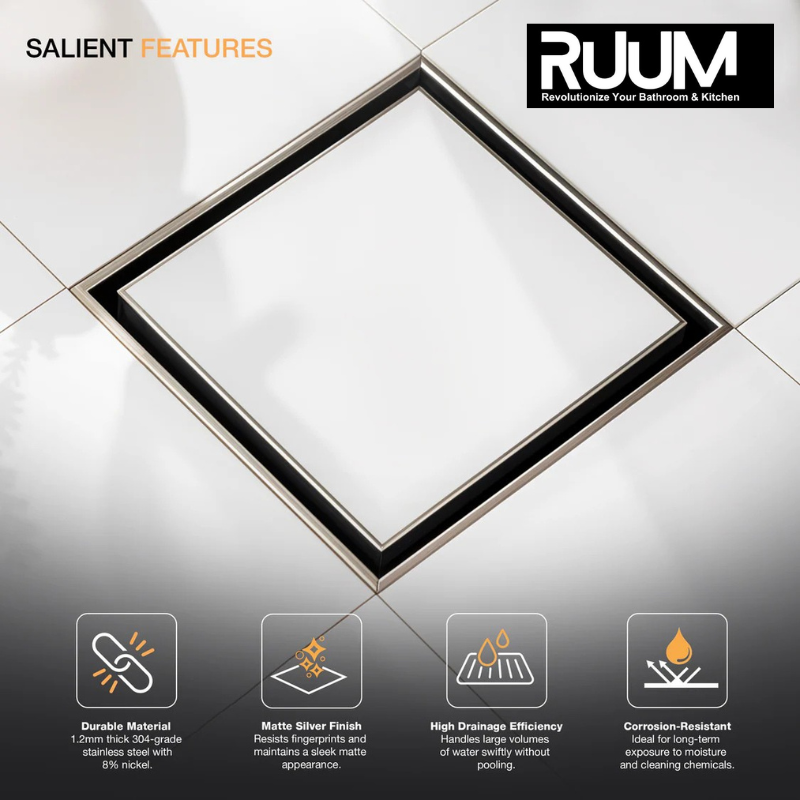 RUUM Tile Insert Invisible Floor Drain 5/5 inch SS Matte