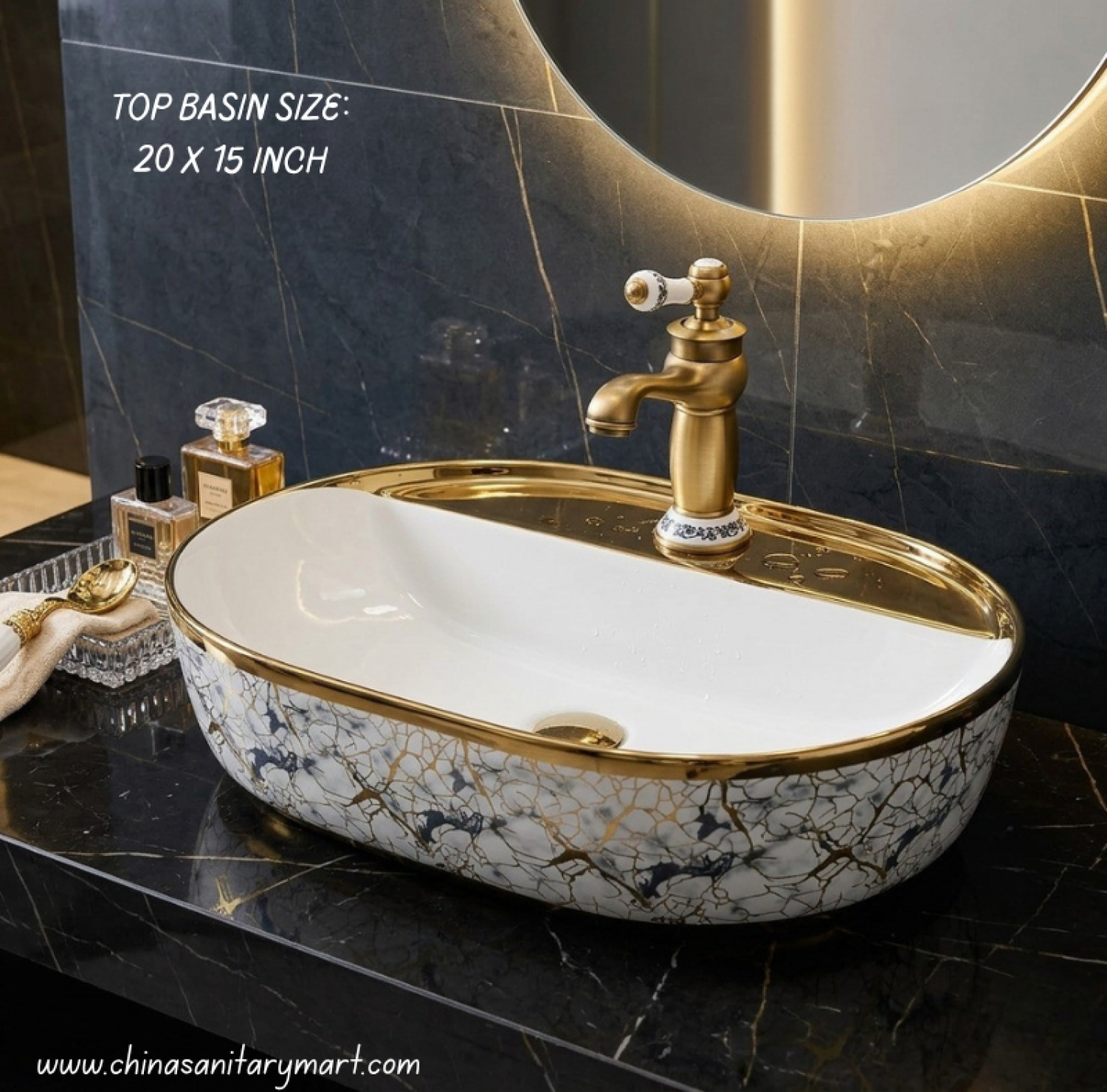Luxury 20x15 Inch Marble & Gold Top Basin