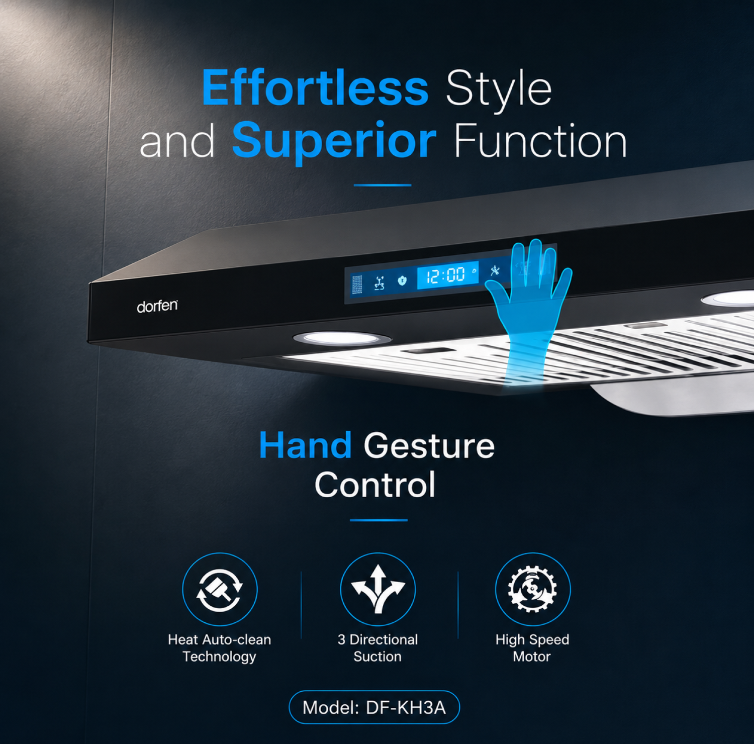 Dorfen DF-KH3A, Dorfen Kitchen Hood Price in Bangladesh, Under Cabinet Kitchen Hood, Hand Gesture Control Kitchen Hood, Heat Auto Clean Hood, High Speed Motor Kitchen Hood, Dorfen Kitchen Appliances, ডরফেন কিচেন হুড, অটো ক্লিন কিচেন হুড, কিচেন চিমনি