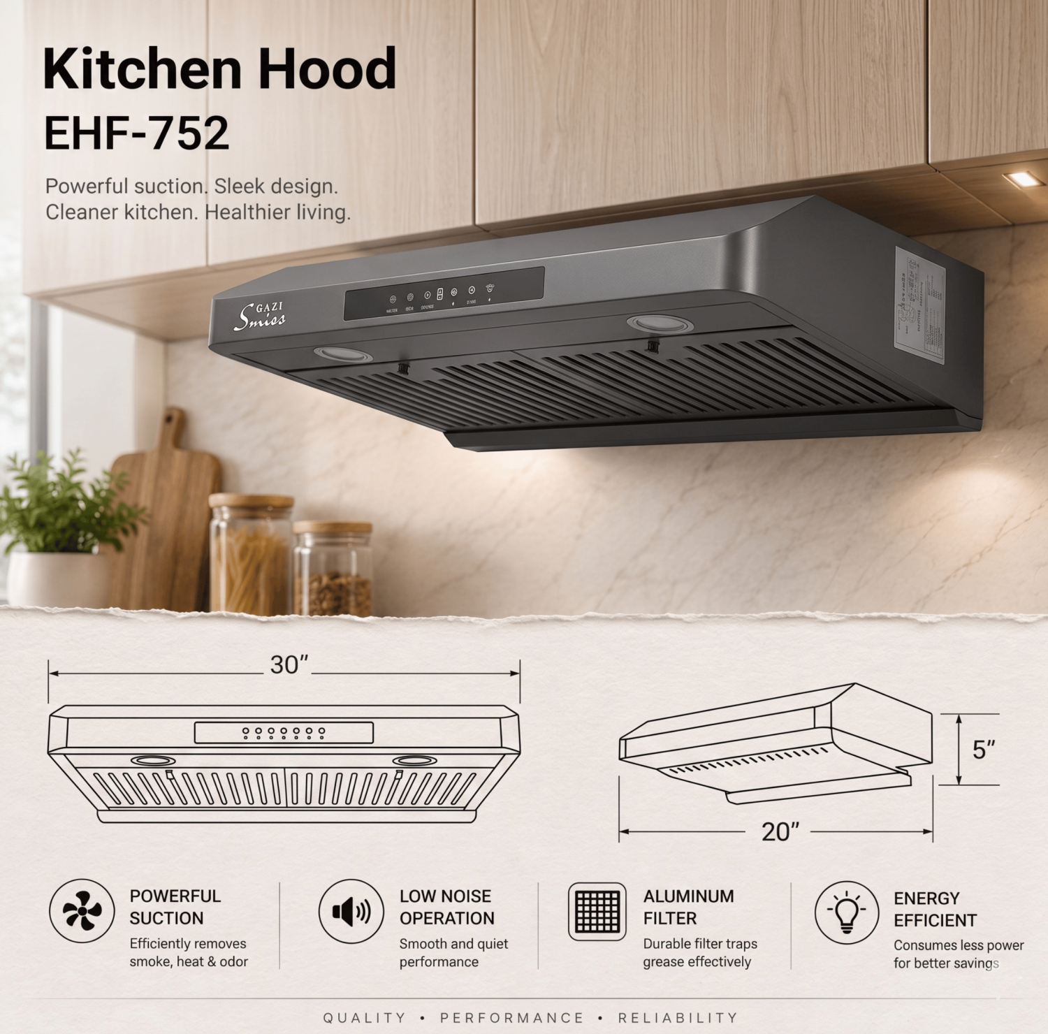 Gazi Smiss EH-F752, Gazi Kitchen Hood Price in BD, 30 Inch Kitchen Chimney, Slim Kitchen Hood, Under Cabinet Hood, Aluminum Grease Filter, Low Noise Kitchen Chimney, Gazi Smiss Appliances, Kitchen Exhaust Fan Bangladesh.