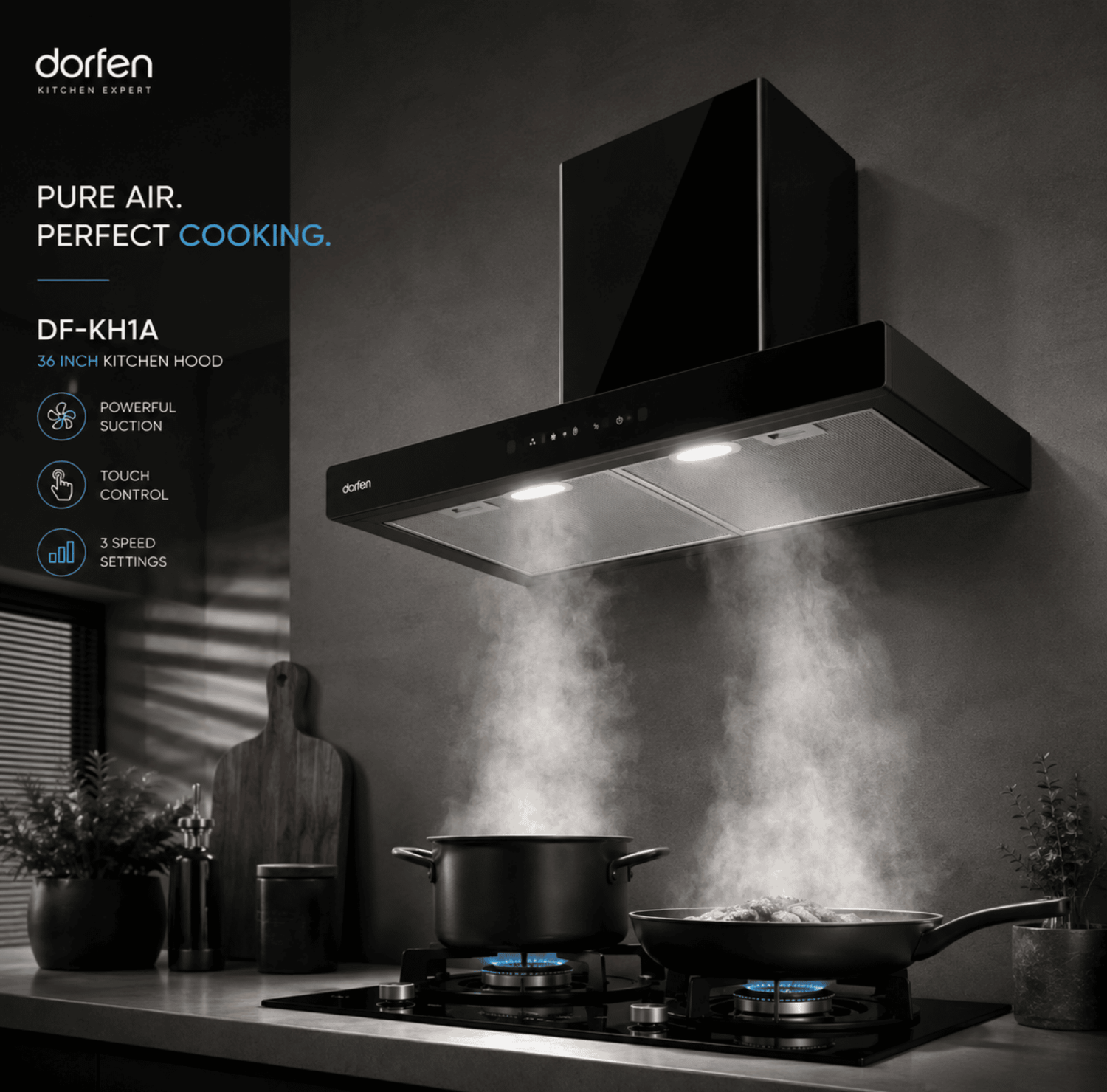 DORFEN DF-KH1A, Dorfen Kitchen Hood, T-Shape Kitchen Chimney BD, Heavy Duty Kitchen Hood, Stainless Steel Kitchen Chimney, Dorfen DF-KH1A Price in Bangladesh, Baffle Filter Kitchen Hood, Professional Kitchen Exhaust.