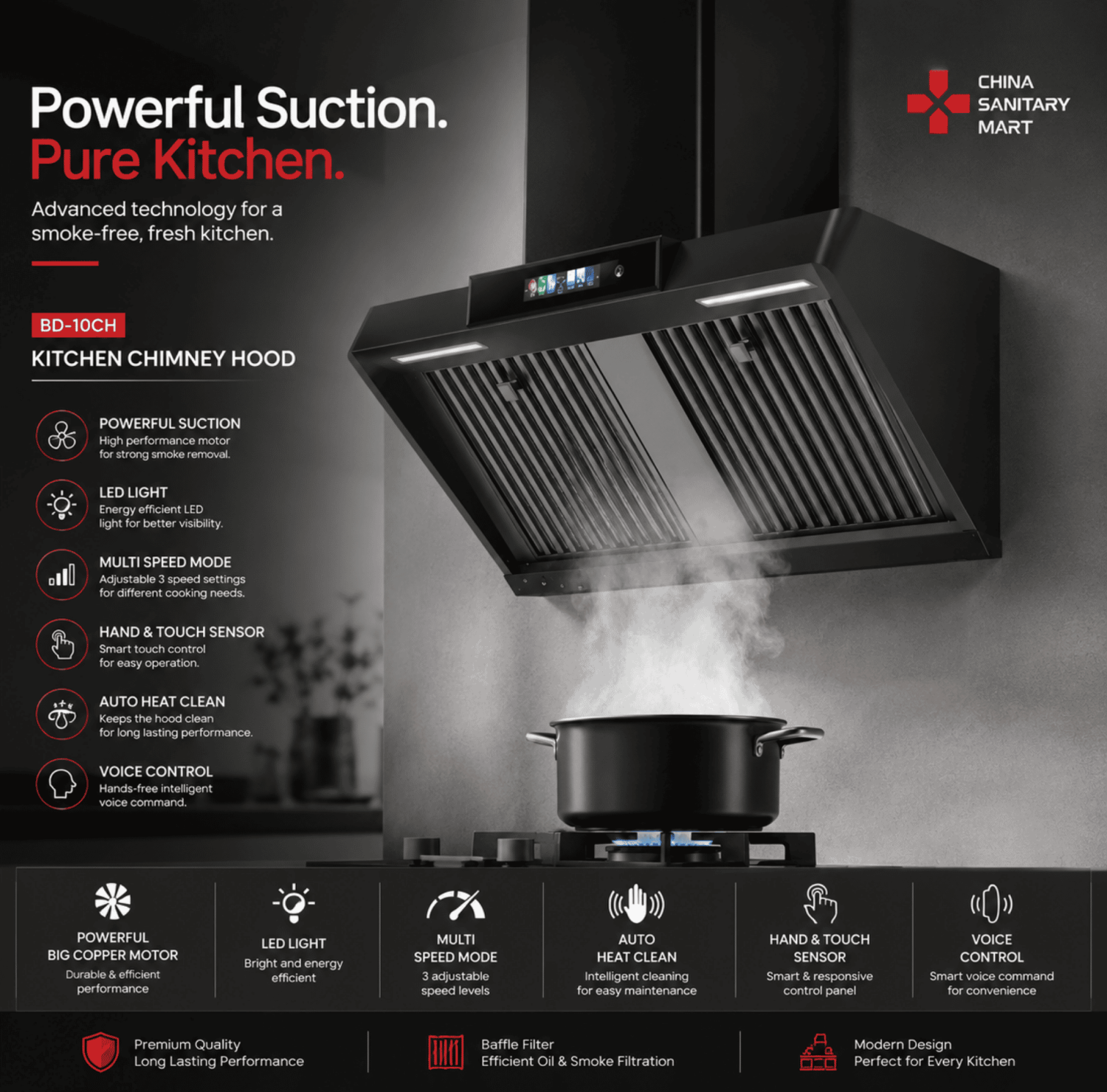 Black & Decker BD-10CH, Black and Decker Kitchen Hood BD, 30 Inch Kitchen Chimney, Inverter Kitchen Hood Bangladesh, BD-10CH Price in BD, Black Glass Kitchen Chimney, Silent Kitchen Exhaust Fan, Luxury Kitchen Appliances.