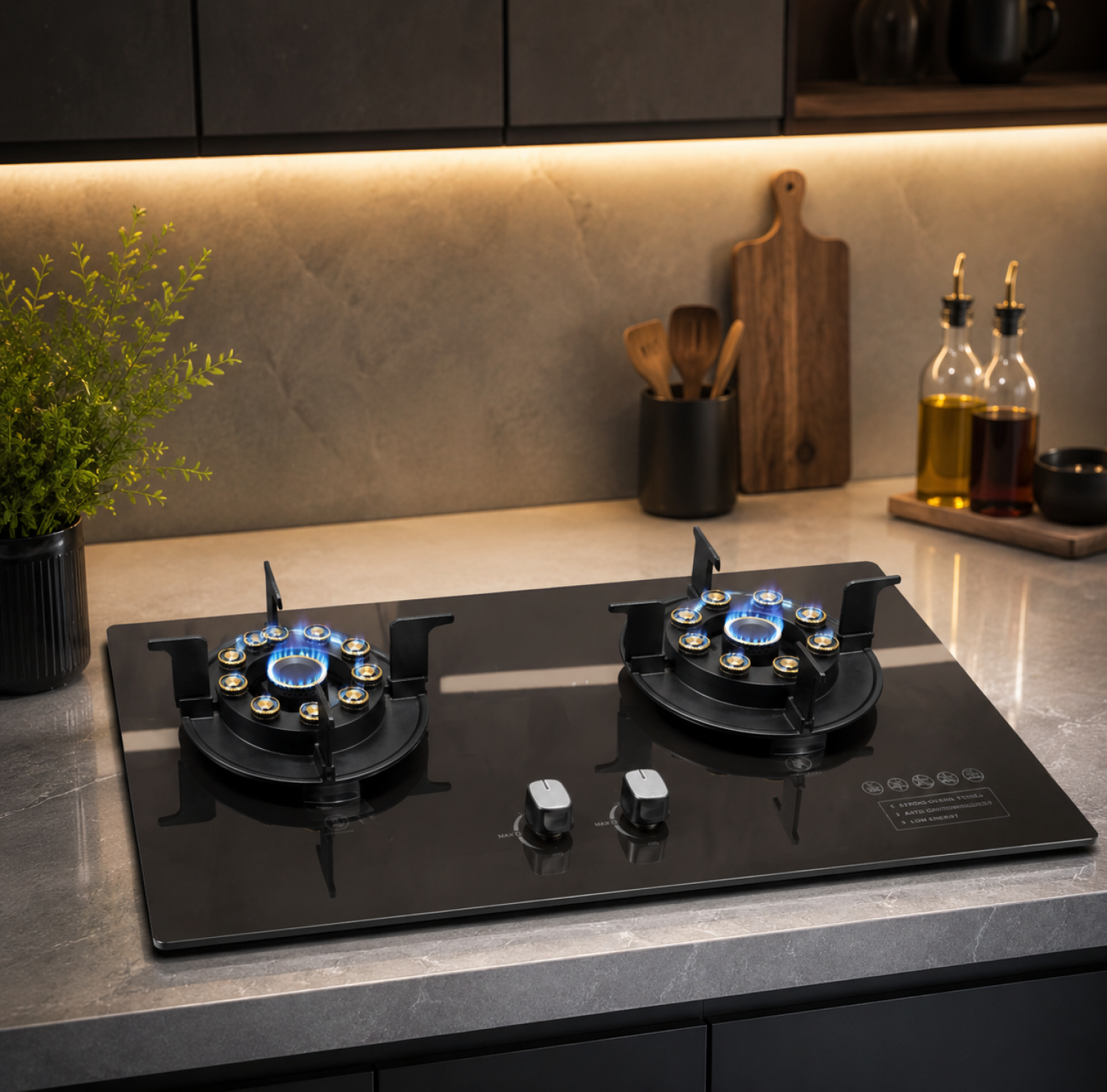 2-Burner Gas Stove, Tempered Glass Gas Stove, 5.0KW Gas Burner, Flame Failure Device, Pulse Ignition Gas Stove, Copper Burner Cap, Child Lock Gas Stove, China Sanitary Mart, Kitchen Appliances BD.