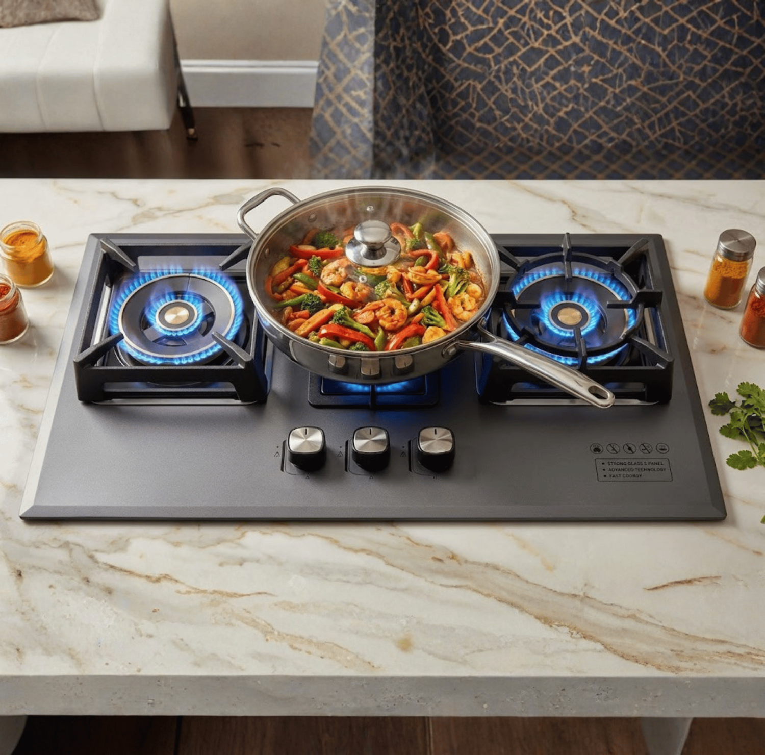 Black & Decker BD-03GS, 3 Burner Gas Stove BD, Ceramic Panel Gas Stove, Three Burner Glass Top Stove, Flame Failure Device Gas Stove, Black & Decker Kitchen Appliances, 5.0KW Gas Burner, China Sanitary Mart Gas Stove.