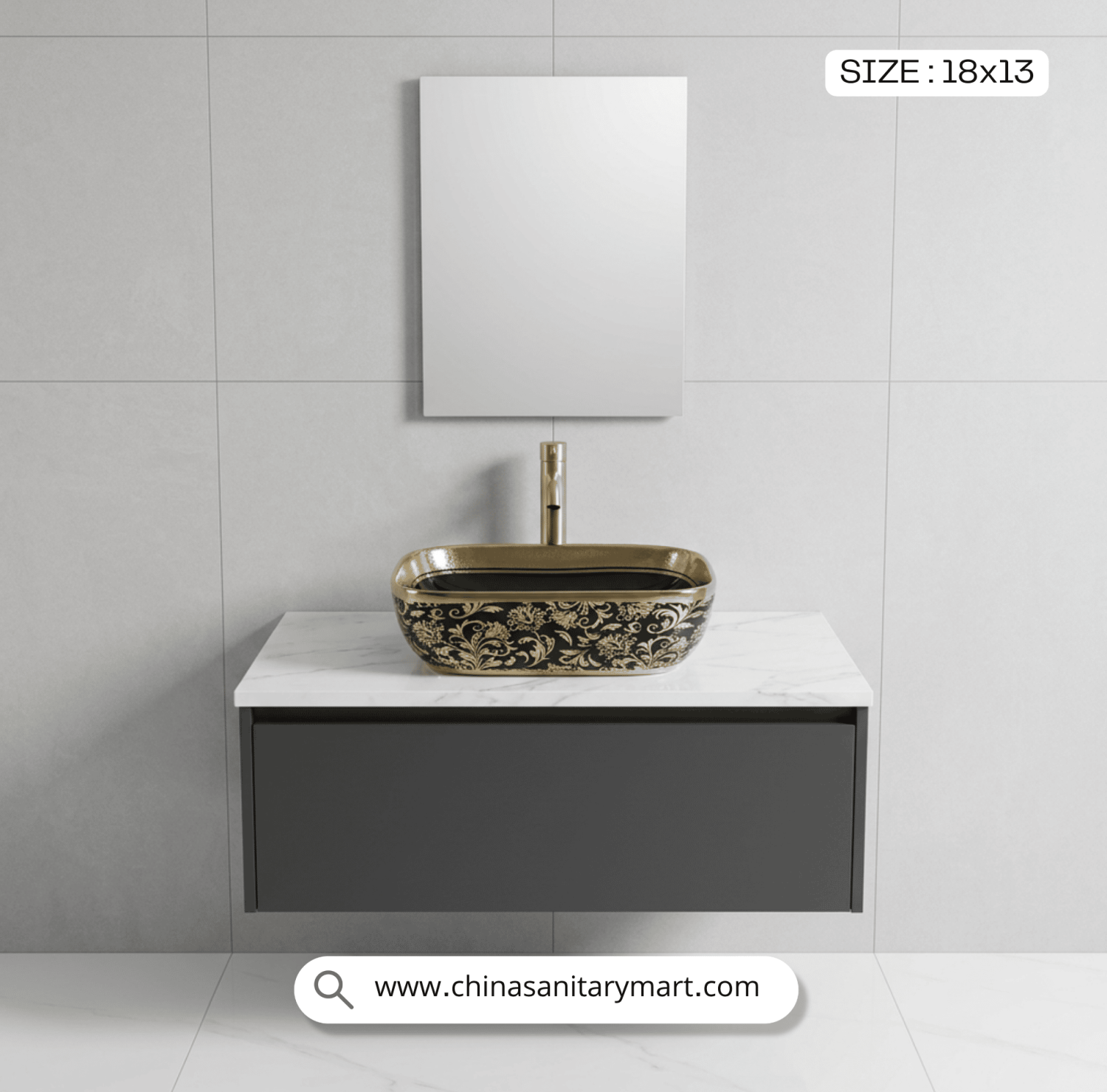 Golden leaf basin, matte black art basin, 18x13 vessel basin, luxury floral bathroom basin, ornate black and gold basin, square shape vanity basin, designer washbasin, premium bathroom art basin, decorative vessel basin, upscale bathroom fixtures.