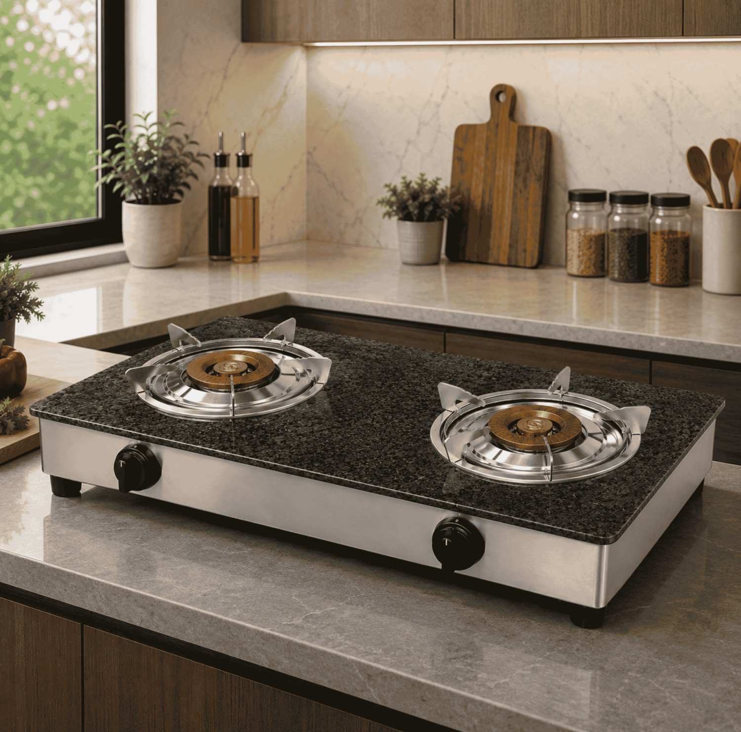 SOLUS marble gas stove, double burner marble cooktop, designer gas stove, luxury tempered glass stove, efficient gas burner, modern kitchen appliance, marble finish cooktop, durable gas range, stylish kitchen stove, premium gas cooker.