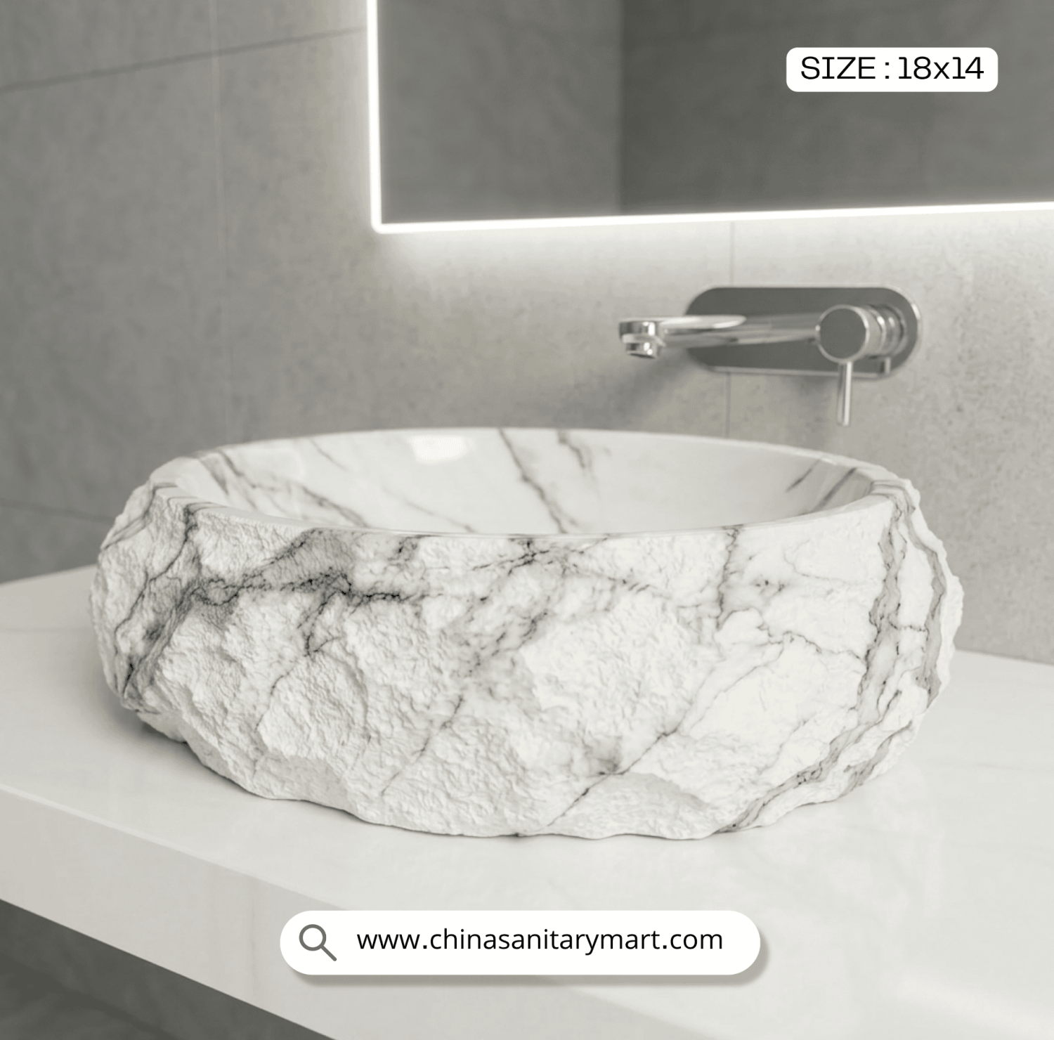 Rock Curve Design Basin, White Top Basin, 18x14 Basin, Modern Bathroom , Luxury Basin Bangladesh, China Sanitary Mart, Designer , Marble Finish Basin, বাথরুমের বেসিন, চায়না স্যানিটারি মার্ট।