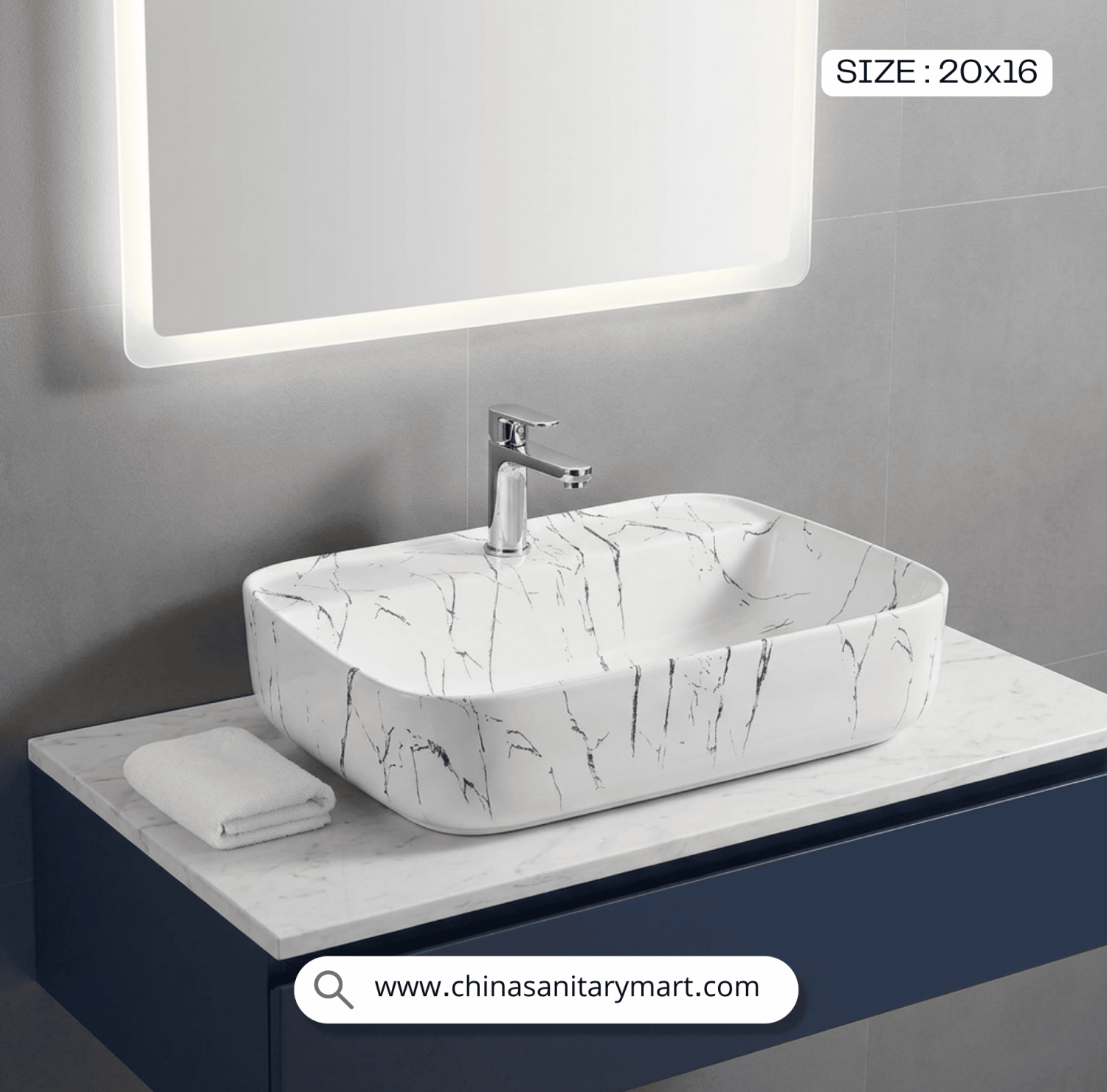 White Marble Black Pattern Basin, 8207-D1, 20x16 Top Basin, Modern Bathroom , Luxury Sanitaryware, China Sanitary Mart, বাথরুমের বেসিন, মার্বেল ফিনিশ বেসিন, মিরপুর স্যানিটারি শপ, ডিজাইনার বেসিন।