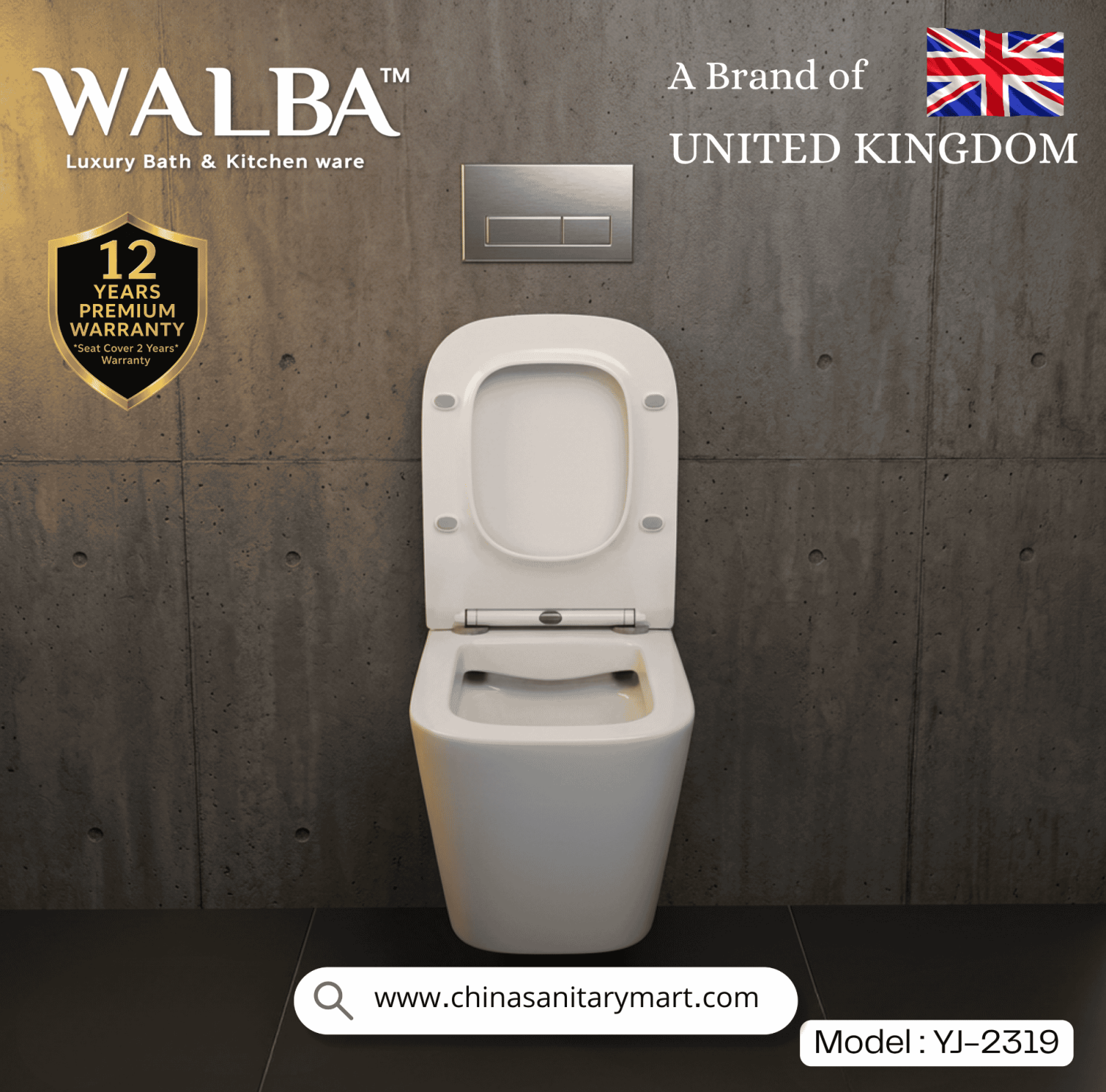 Walba commode, Walba YJ-2319, wall hung toilet, wall mounted commode, luxury sanitary ware, UK brand toilet, modern bathroom fittings, premium commode, China Sanitary Mart, ceramic toilet bowl, space saving toilet