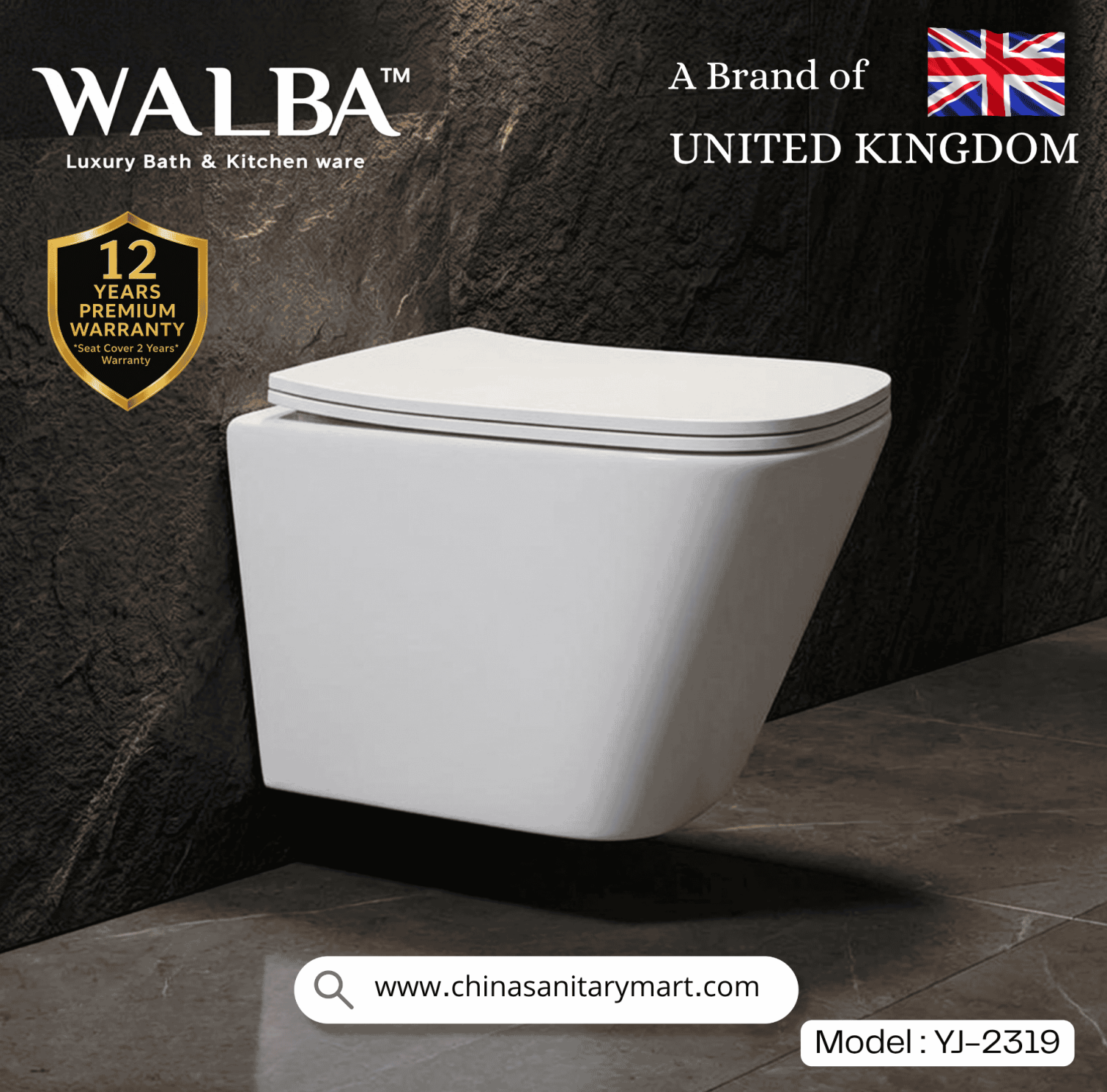 Walba commode, Walba YJ-2319, wall hung toilet, wall mounted commode, luxury sanitary ware, UK brand toilet, modern bathroom fittings, premium commode, China Sanitary Mart, ceramic toilet bowl, space saving toilet