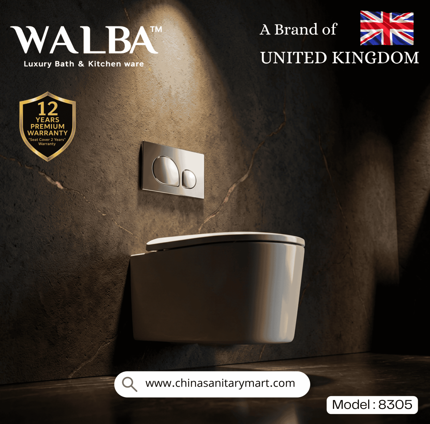 Walba commode 8305, Walba wall hung toilet, curved wall mounted commode, luxury UK brand toilet, modern bathroom sanitary ware, China Sanitary Mart, premium ceramic toilet, space saving commode