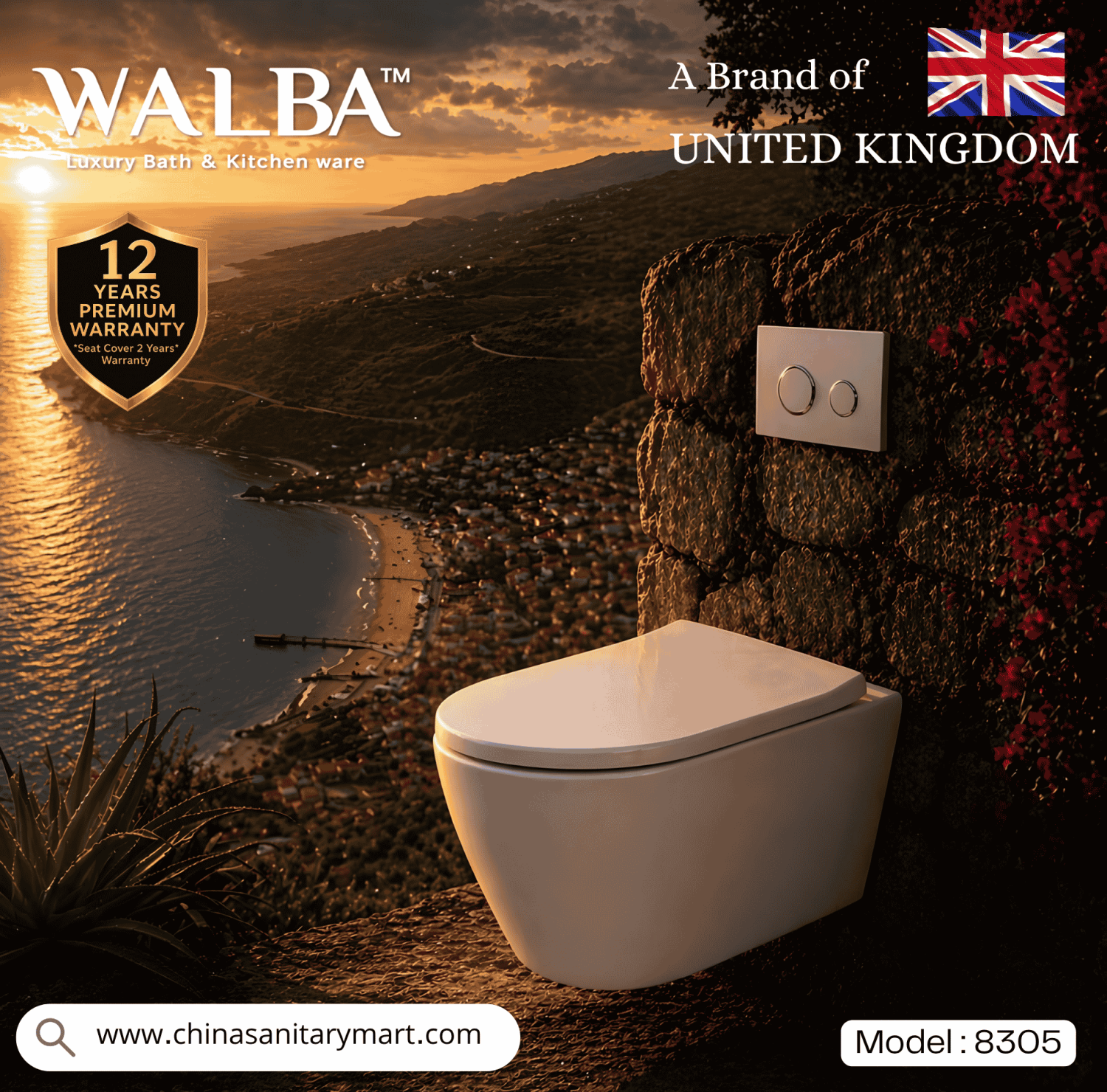 Walba commode 8305, Walba wall hung toilet, curved wall mounted commode, luxury UK brand toilet, modern bathroom sanitary ware, China Sanitary Mart, premium ceramic toilet, space saving commode
