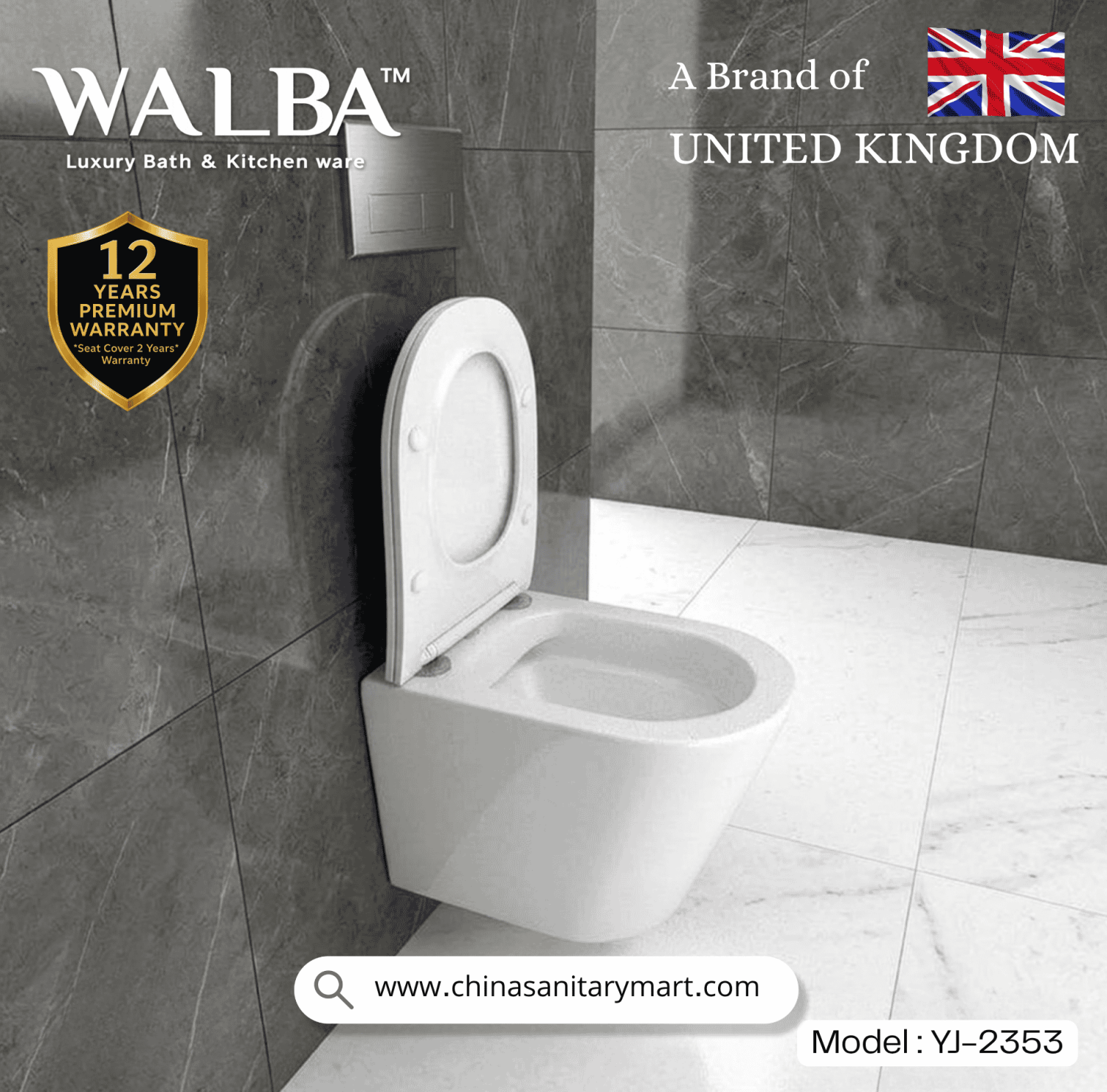 Walba commode YJ-2353, Walba wall hung toilet, UK brand commode, luxury bathroom fittings, wall mounted toilet, modern sanitary ware, China Sanitary Mart, ceramic commode, space saving toilet