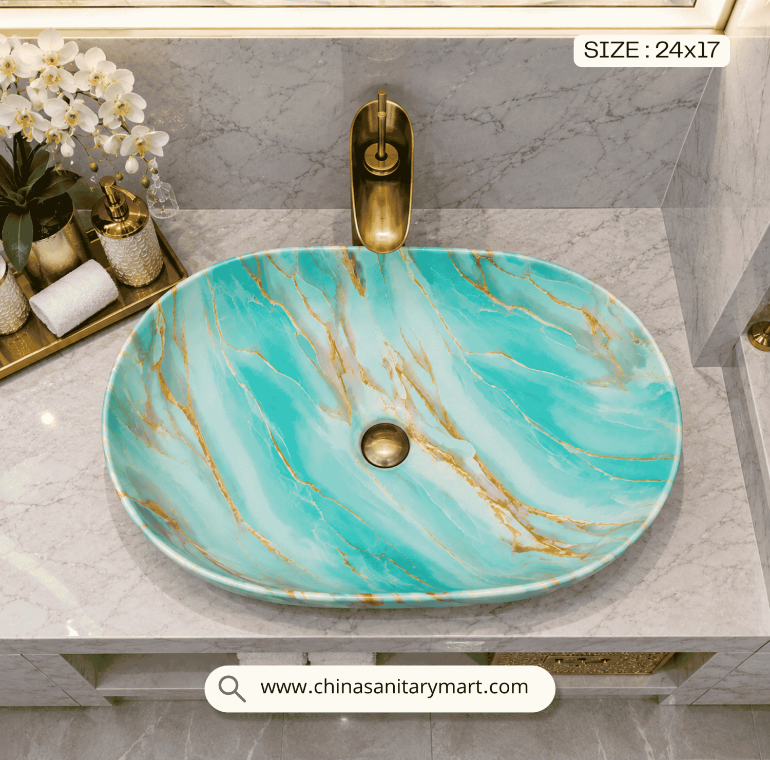 Luxury marble basin, gold vein wash basin, 2417 inch top basin, marble countertop, vanity basin with gold veins, rectangular top basin, luxury bathroom sanitary ware, China Sanitary Mart, premium ceramic wash basin, modern vanity bowl