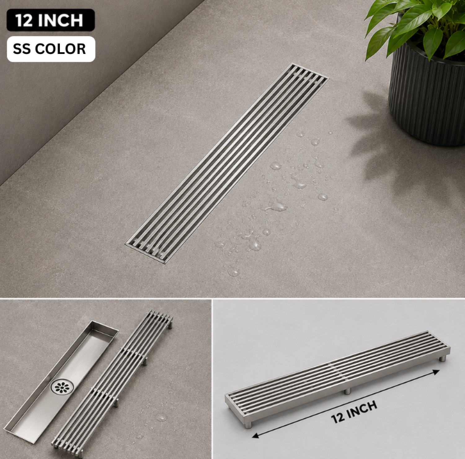 SS Bathroom Drain, Stainless Steel Floor Drain, 12x3 Inch Drain, FT Net Drain, Bathroom Floor Drain, Shower Drain, Linear Drain, SS Color Drain, Anti Clog Drain, Hair Catcher Drain, Floor Waste Drain, Bathroom Accessories Bangladesh