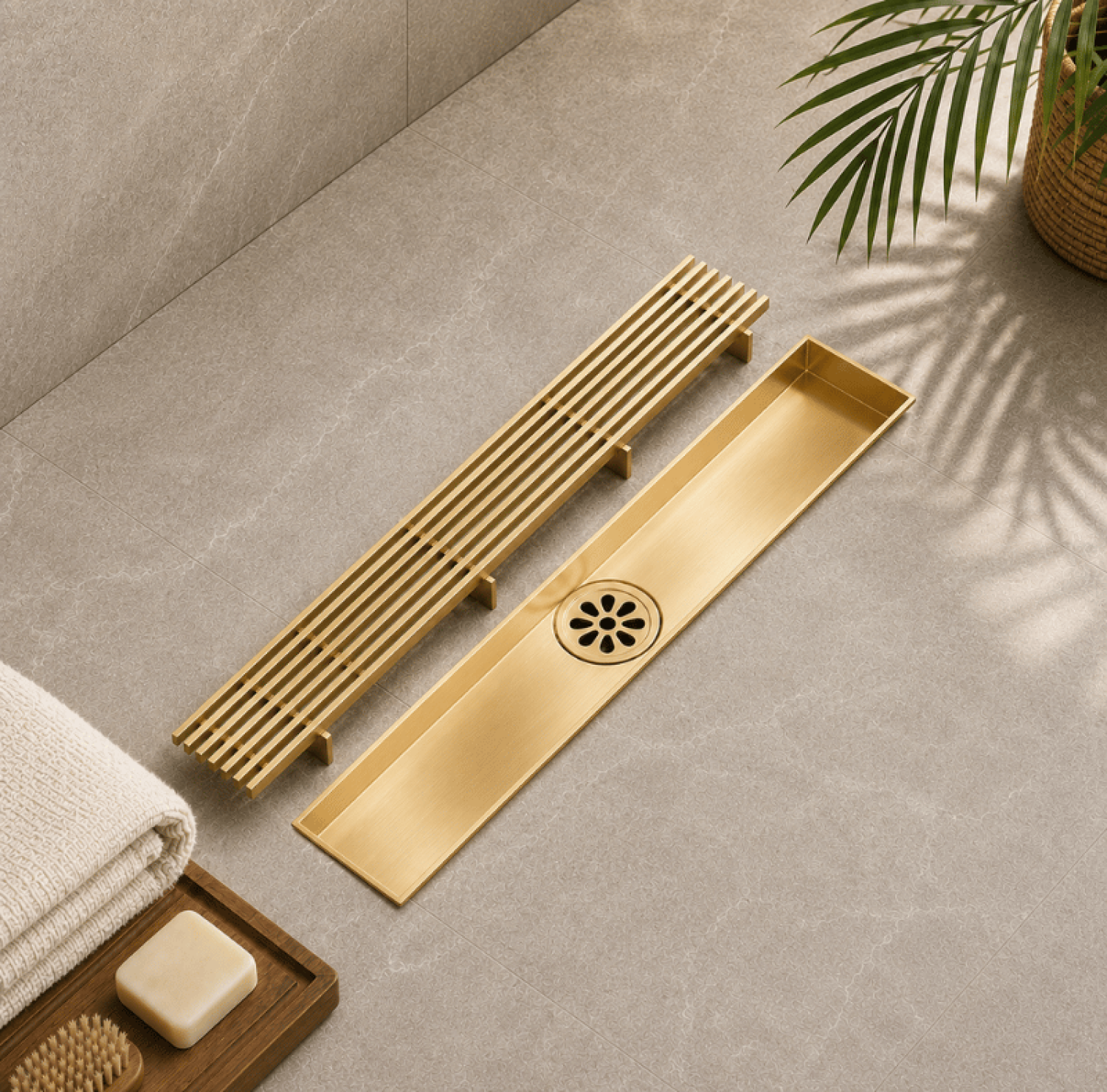 SS Bathroom Drain, Light Gold Floor Drain, 12x3 Inch Drain, FT Net Drain, Stainless Steel Drain, Linear Floor Drain, Gold Bathroom Drain, Matte Light Gold Drain, Shower Drain, Bathroom Accessories, Anti Clog Drain, Hair Catcher Drain