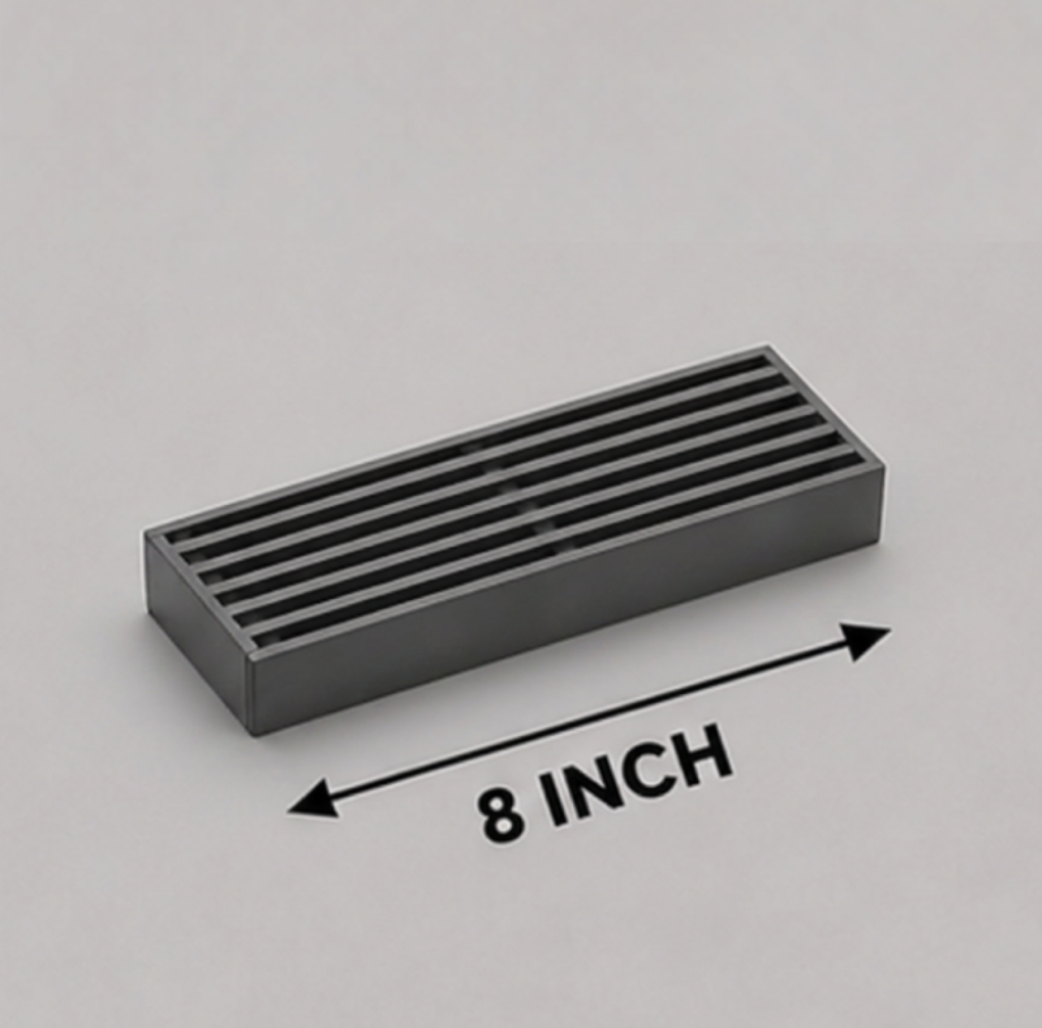 Buy SS Bathroom Drain 8x3 Inch Matte Grey FT Net. Premium stainless steel linear floor drain with anti-clog FT net, fast drainage, rust-resistant construction, and elegant matte grey finish.