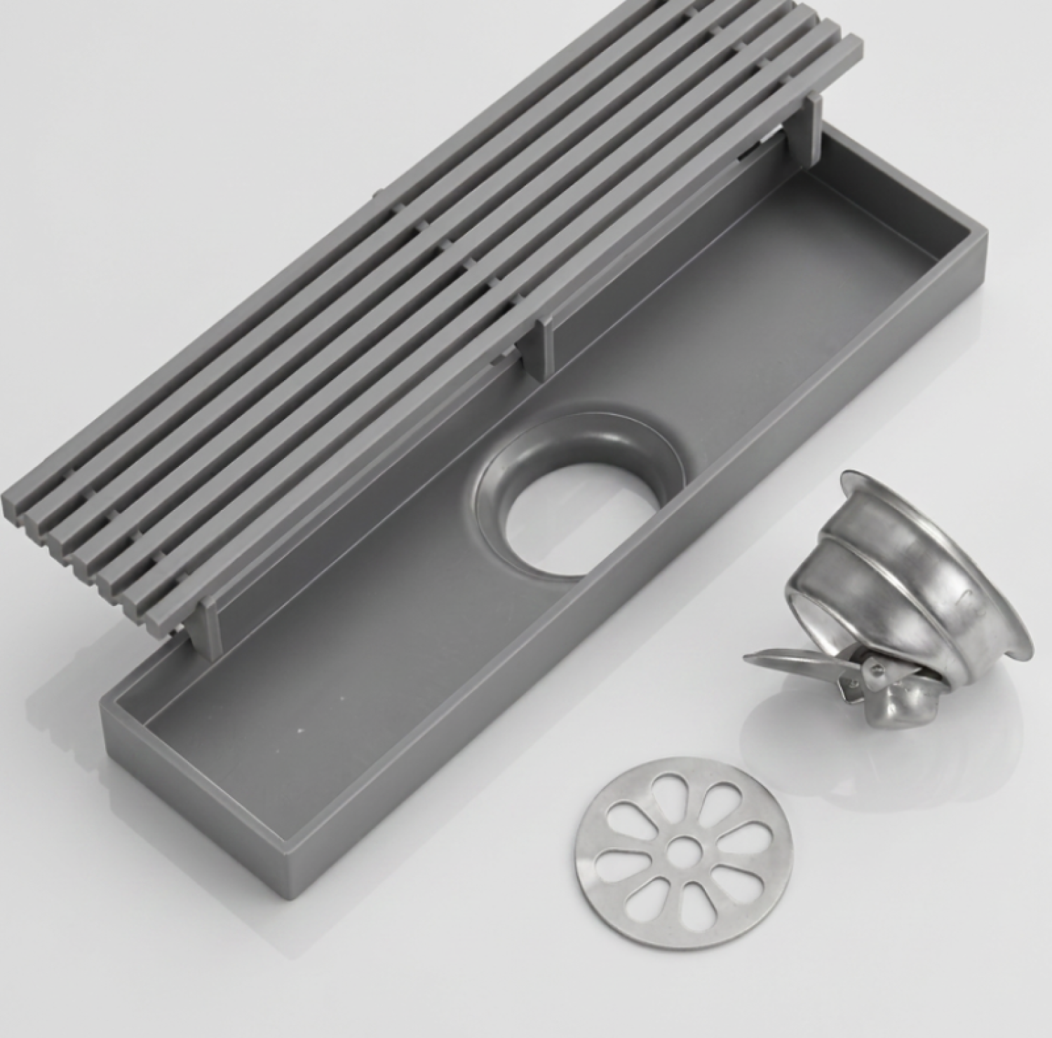 Buy SS Bathroom Drain 8x3 Inch Matte Grey FT Net. Premium stainless steel linear floor drain with anti-clog FT net, fast drainage, rust-resistant construction, and elegant matte grey finish.