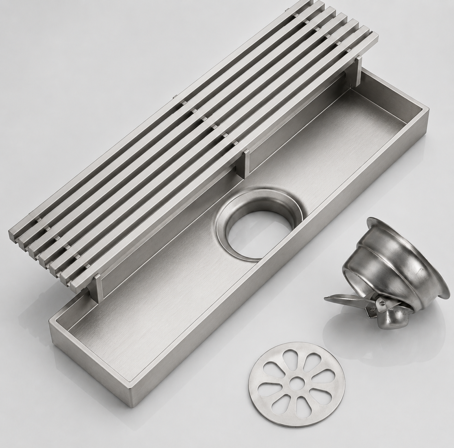 SS Bathroom Drain, 8x3 Inch Drain, Stainless Steel Drain, SS Color Drain, FT Net Drain, Linear Shower Drain, Bathroom Floor Drain, Stainless Steel Floor Drain, Anti Clog Drain Cover, Linear Drain Channel, Brushed Steel Drain