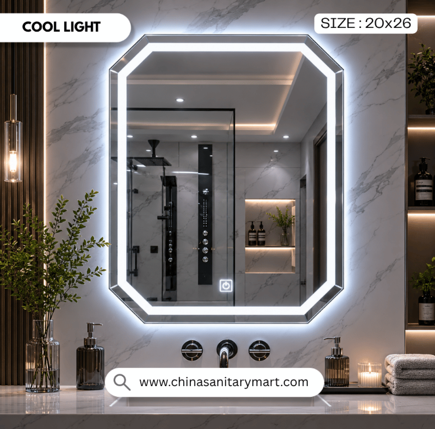 LED Mirror, Octa Rectangle Mirror, Bathroom Mirror with Light, 26x20 LED Mirror, Smart Mirror, Touch Sensor Mirror, Illuminated Mirror, Modern Bathroom Mirror, Luxury Mirror, Vanity Mirror, LED Vanity Mirror, Decorative Mirror