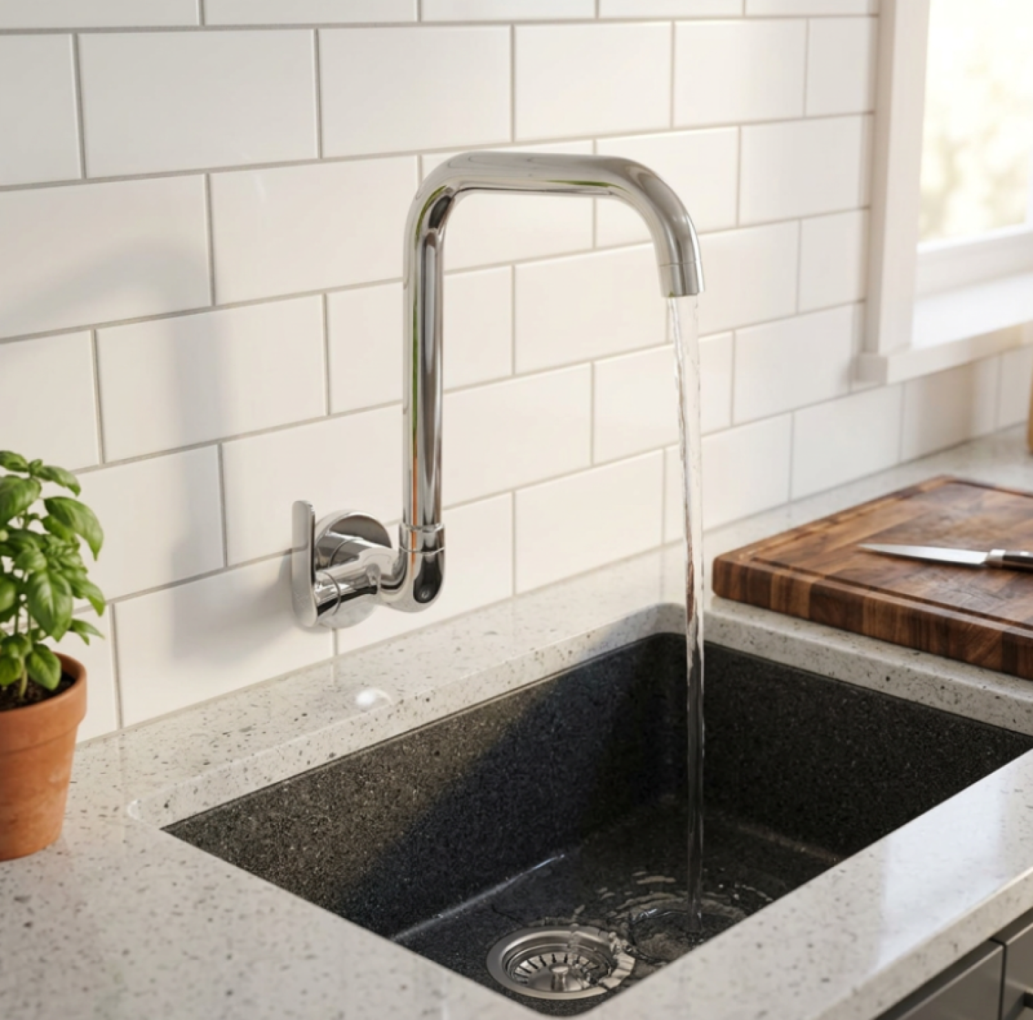 Nushan Sink Tap, MSC 1002, Wall Mount Swan Tap, Swan Neck Kitchen Faucet, Kitchen Sink Tap Bangladesh, Chrome Kitchen Faucet, Brass Kitchen Tap, Wall Mounted Kitchen Faucet, Premium Sink Tap, Kitchen Mixer Tap, Modern Kitchen Faucet