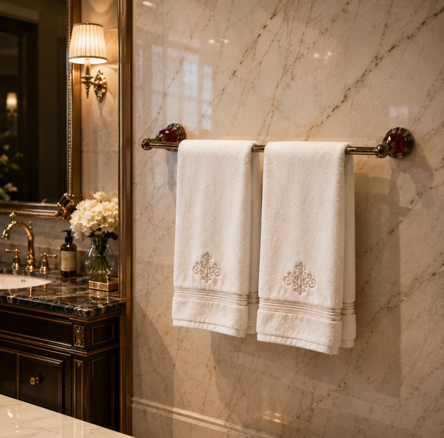 Ruby Red Marble Towel Rail, Ruby Red Towel Rail 23 Inch, Antique Gold Towel Rail, Luxury Bathroom Towel Holder, Crystal Marble Towel Rail, Wall Mounted Towel Bar, Premium Bathroom Accessories, Designer Towel Rack, Luxury Towel Holder