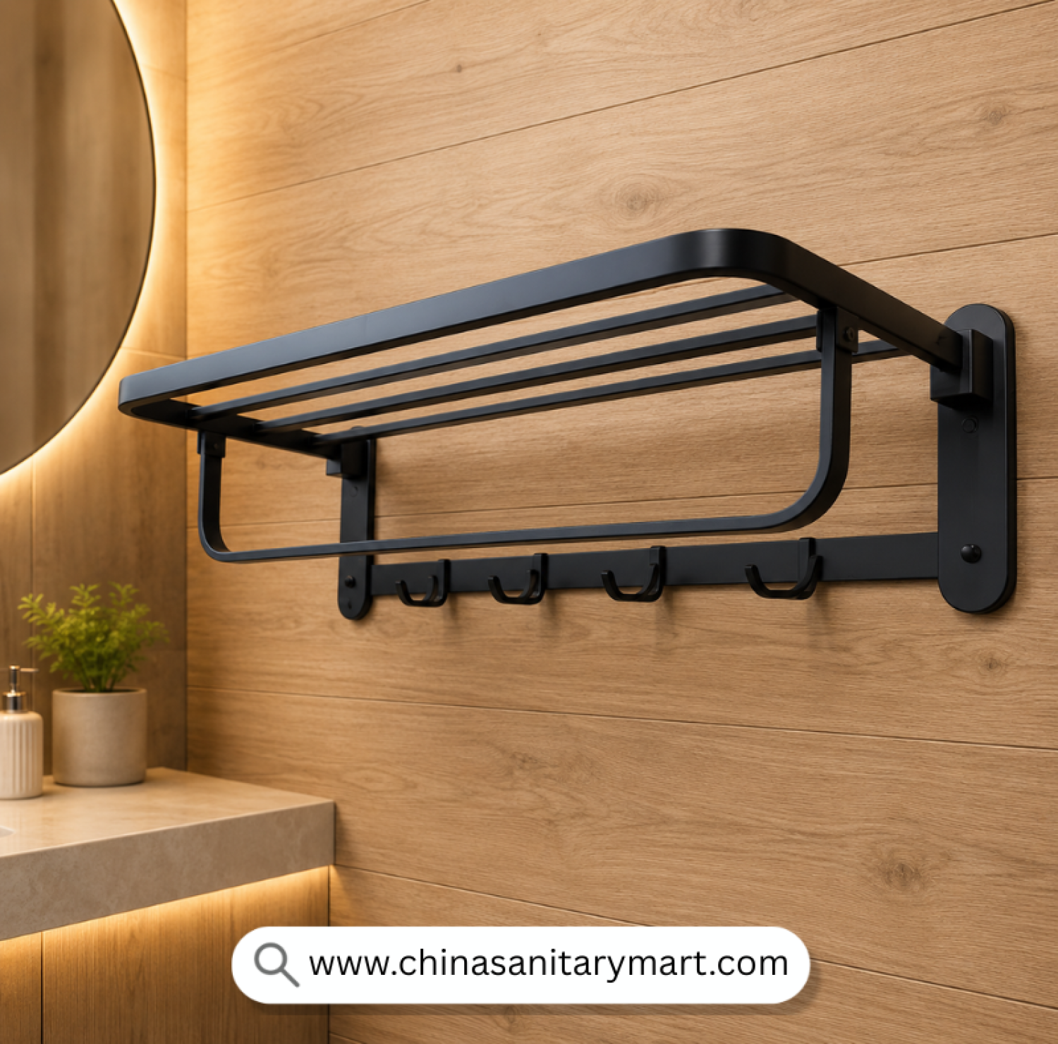Black Hook Towel Rack Lite, Matte Black Towel Rack, Wall Mounted Towel Rack, Towel Shelf with Hooks, Bathroom Towel Organizer, Towel Rack with 5 Hooks, Modern Bathroom Accessories, Matte Black Bathroom Hardware, Towel Storage Rack