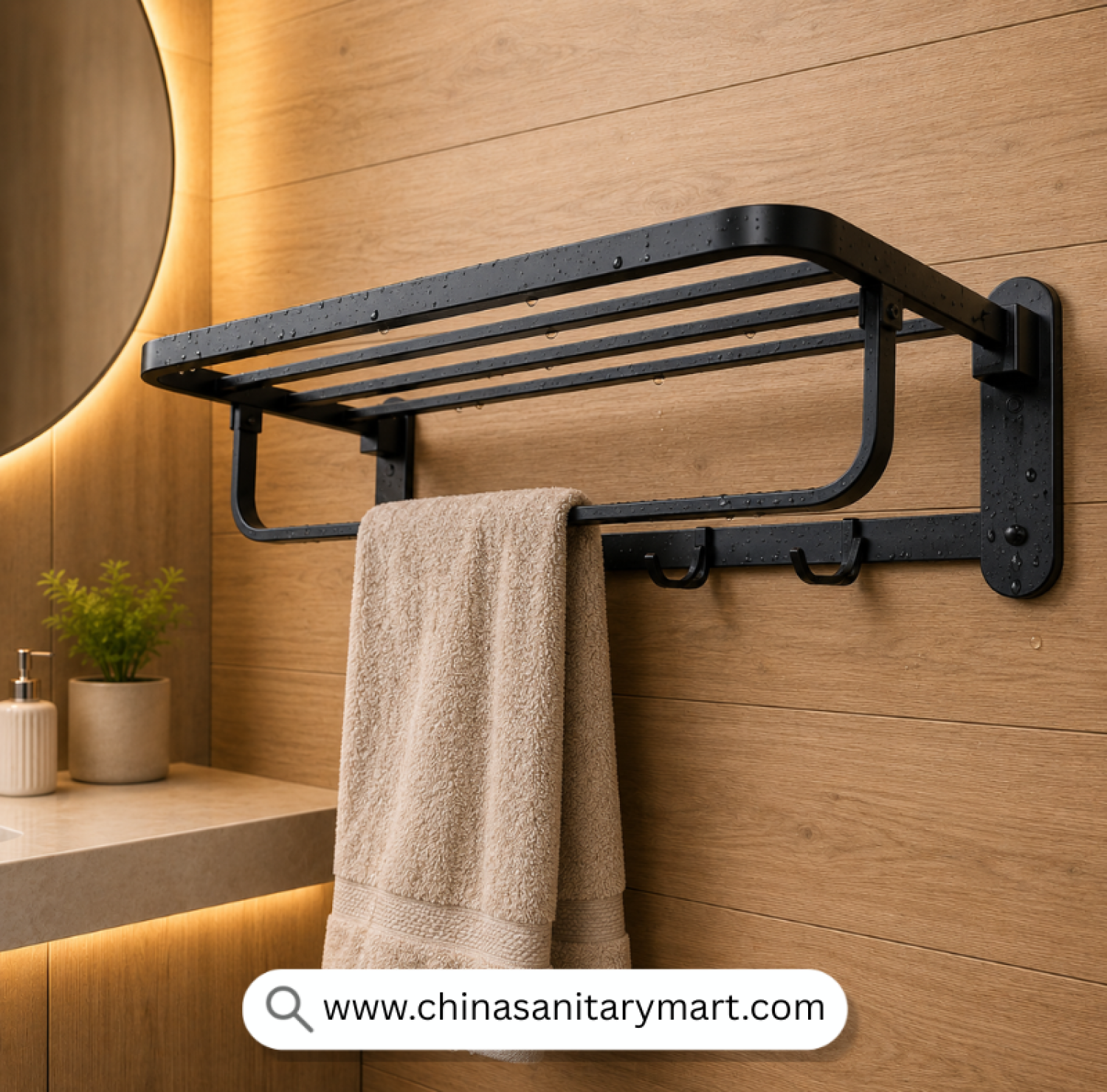 Black Hook Towel Rack Lite, Matte Black Towel Rack, Wall Mounted Towel Rack, Towel Shelf with Hooks, Bathroom Towel Organizer, Towel Rack with 5 Hooks, Modern Bathroom Accessories, Matte Black Bathroom Hardware, Towel Storage Rack