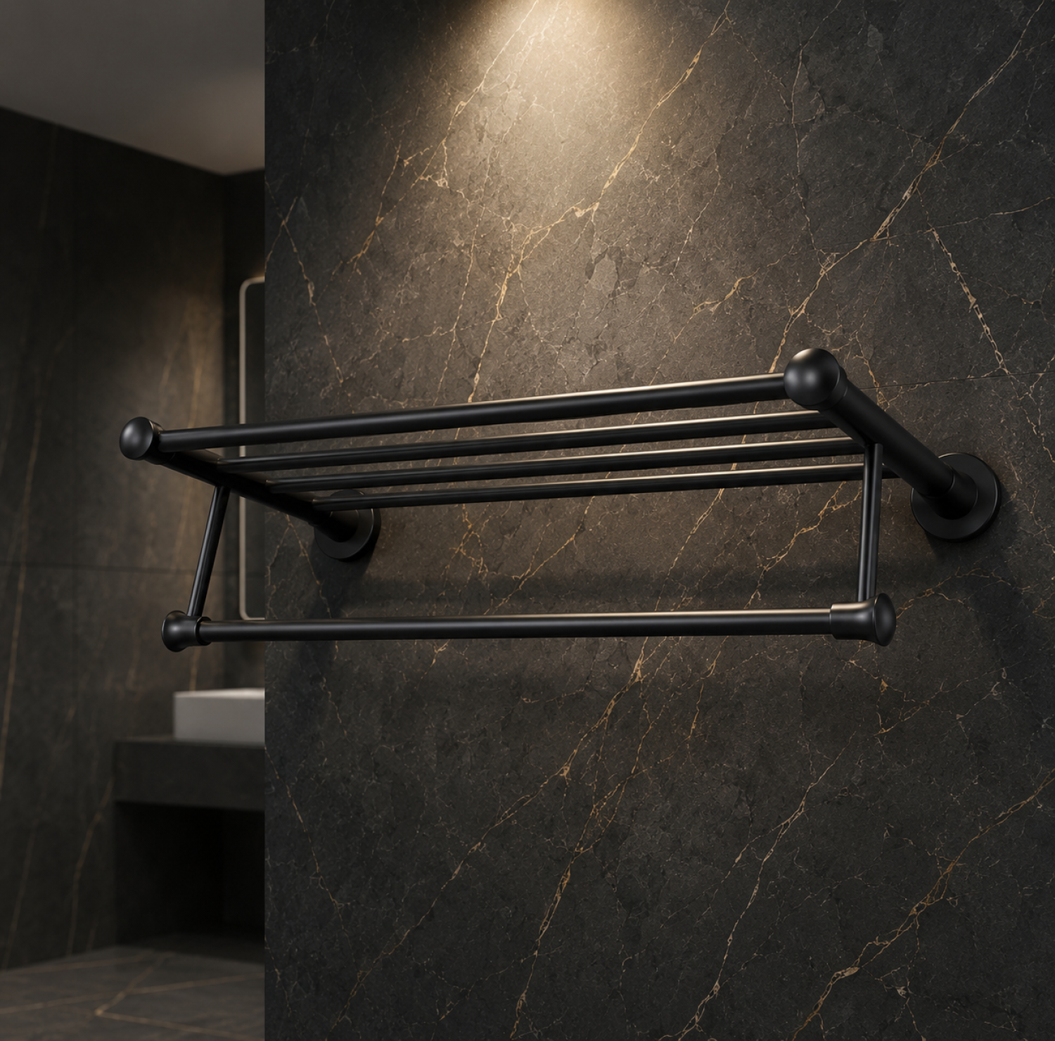 Black Round Model Towel Rack, Matte Black Towel Rack, Wall Mounted Towel Rack, Round Towel Shelf, Bathroom Towel Organizer, Towel Rack with Bar, Modern Bathroom Accessories, Matte Black Bathroom Hardware, Luxury Towel Rack