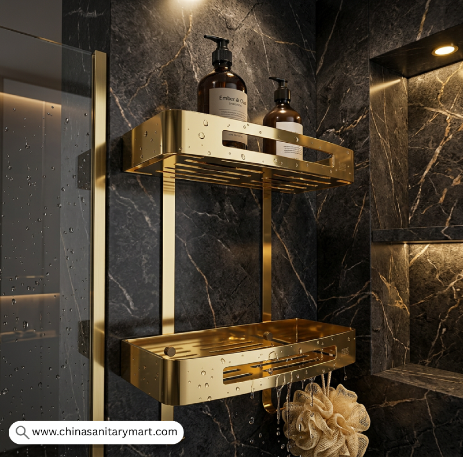 Two Part Wall Shelf Golden, Golden Bathroom Shelf, Gold Shower Shelf, Dual Tier Bathroom Shelf, Luxury Bathroom Organizer, Wall Mounted Shower Shelf, Golden Bathroom Accessories, Two Tier Shower Caddy, Bathroom Storage Rack