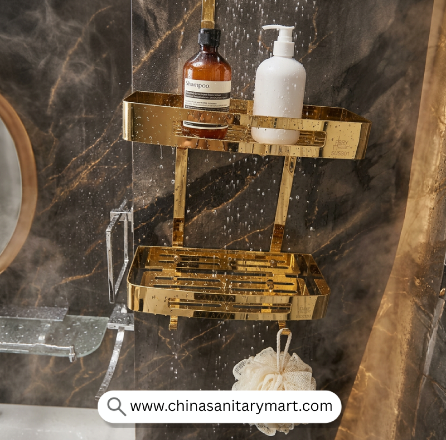 Two Part Wall Shelf Golden, Golden Bathroom Shelf, Gold Shower Shelf, Dual Tier Bathroom Shelf, Luxury Bathroom Organizer, Wall Mounted Shower Shelf, Golden Bathroom Accessories, Two Tier Shower Caddy, Bathroom Storage Rack