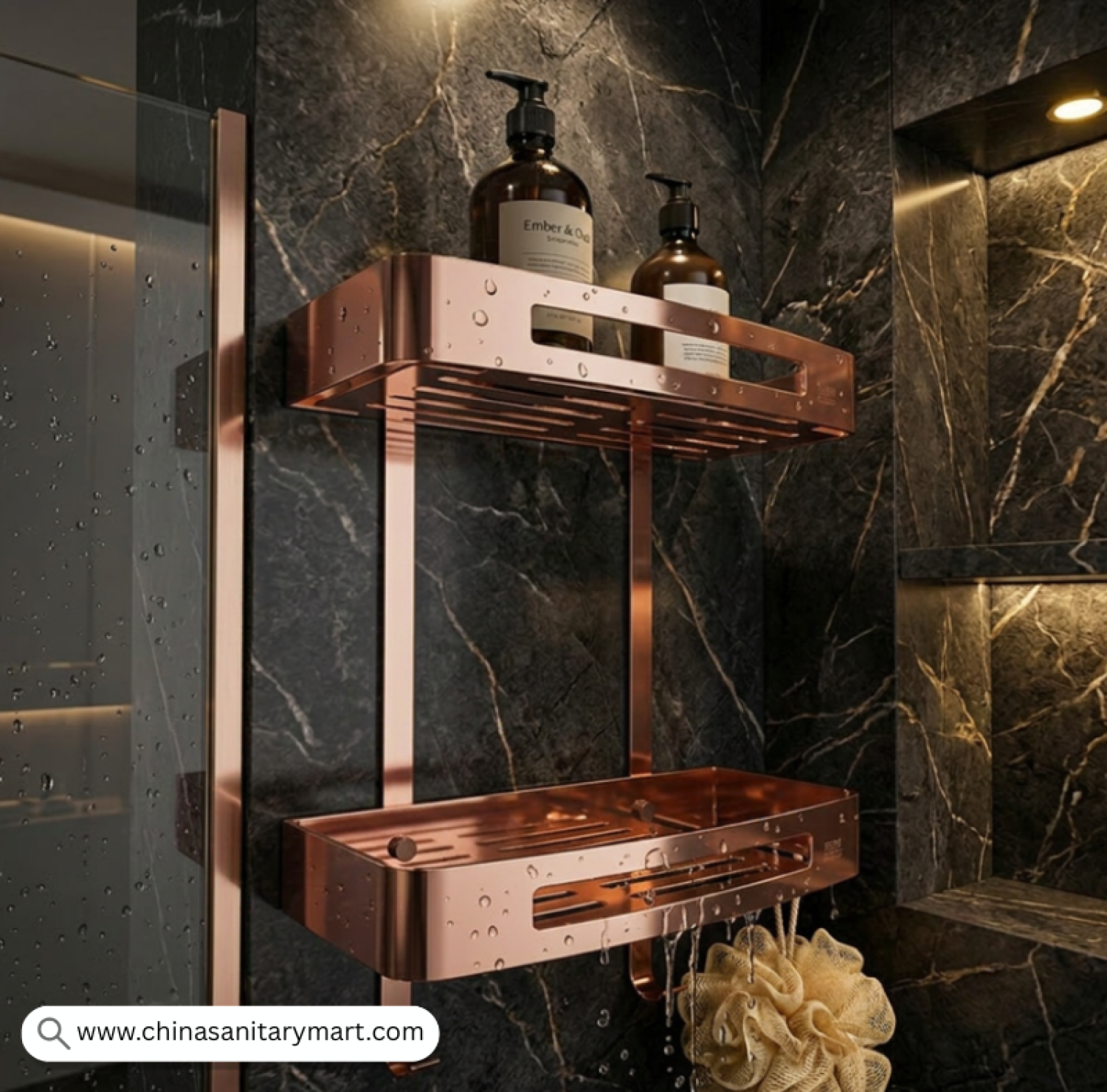 Two Part Wall Shelf Rose Golden, Rose Gold Bathroom Shelf, Rose Gold Shower Shelf, Dual Tier Bathroom Shelf, Luxury Bathroom Organizer, Wall Mounted Shower Shelf, Rose Gold Bathroom Accessories, Two Tier Shower Caddy, Bathroom Storage Rack