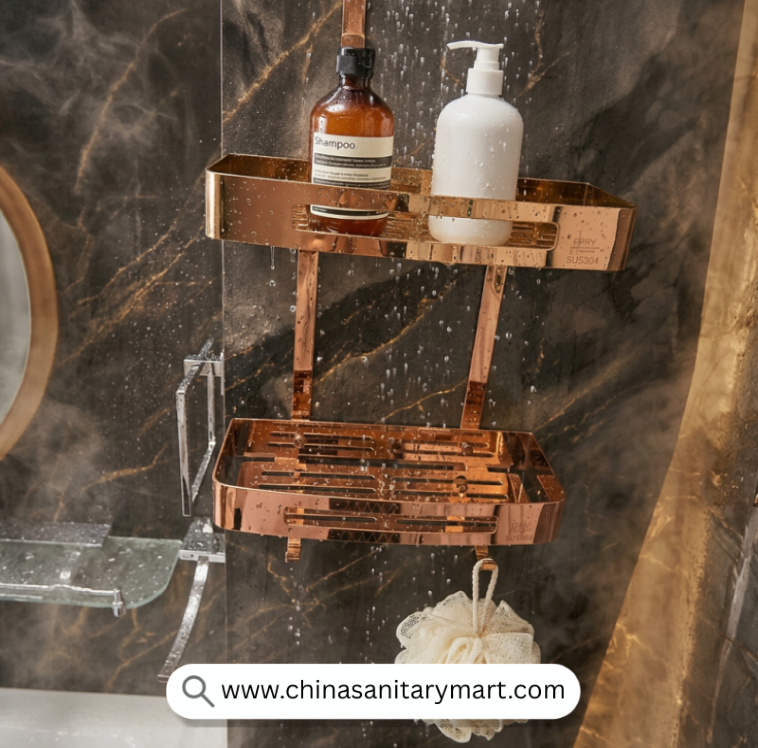 Two Part Wall Shelf Rose Golden, Rose Gold Bathroom Shelf, Rose Gold Shower Shelf, Dual Tier Bathroom Shelf, Luxury Bathroom Organizer, Wall Mounted Shower Shelf, Rose Gold Bathroom Accessories, Two Tier Shower Caddy, Bathroom Storage Rack