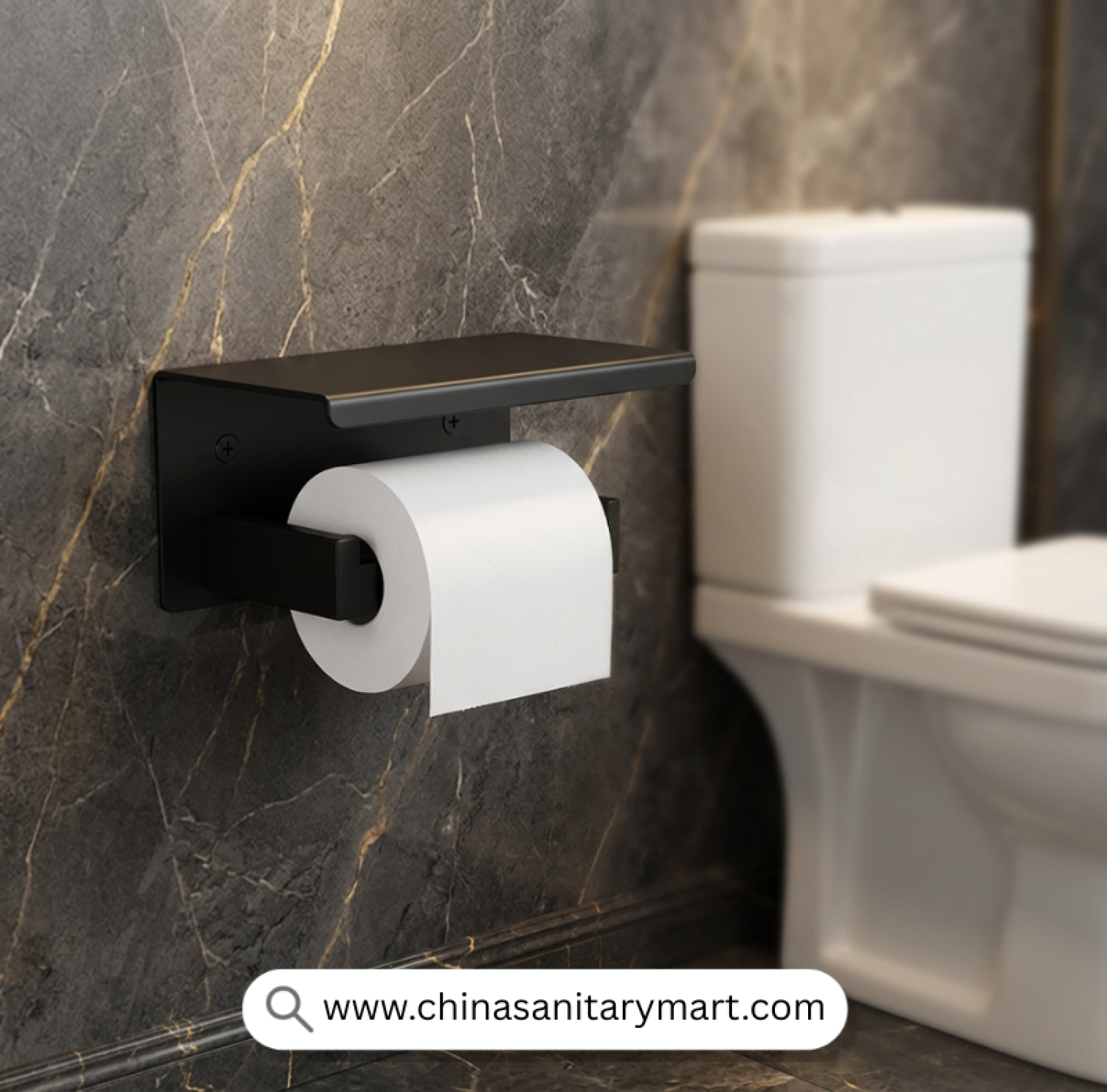 Ruum Matte Black Open Tissue Arm, Matte Black Tissue Holder, Tissue Holder with Shelf, Wall Mounted Toilet Paper Holder, Open Arm Tissue Holder, Stainless Steel Tissue Holder, Bathroom Tissue Holder Black, Toilet Roll Holder with Phone Shelf