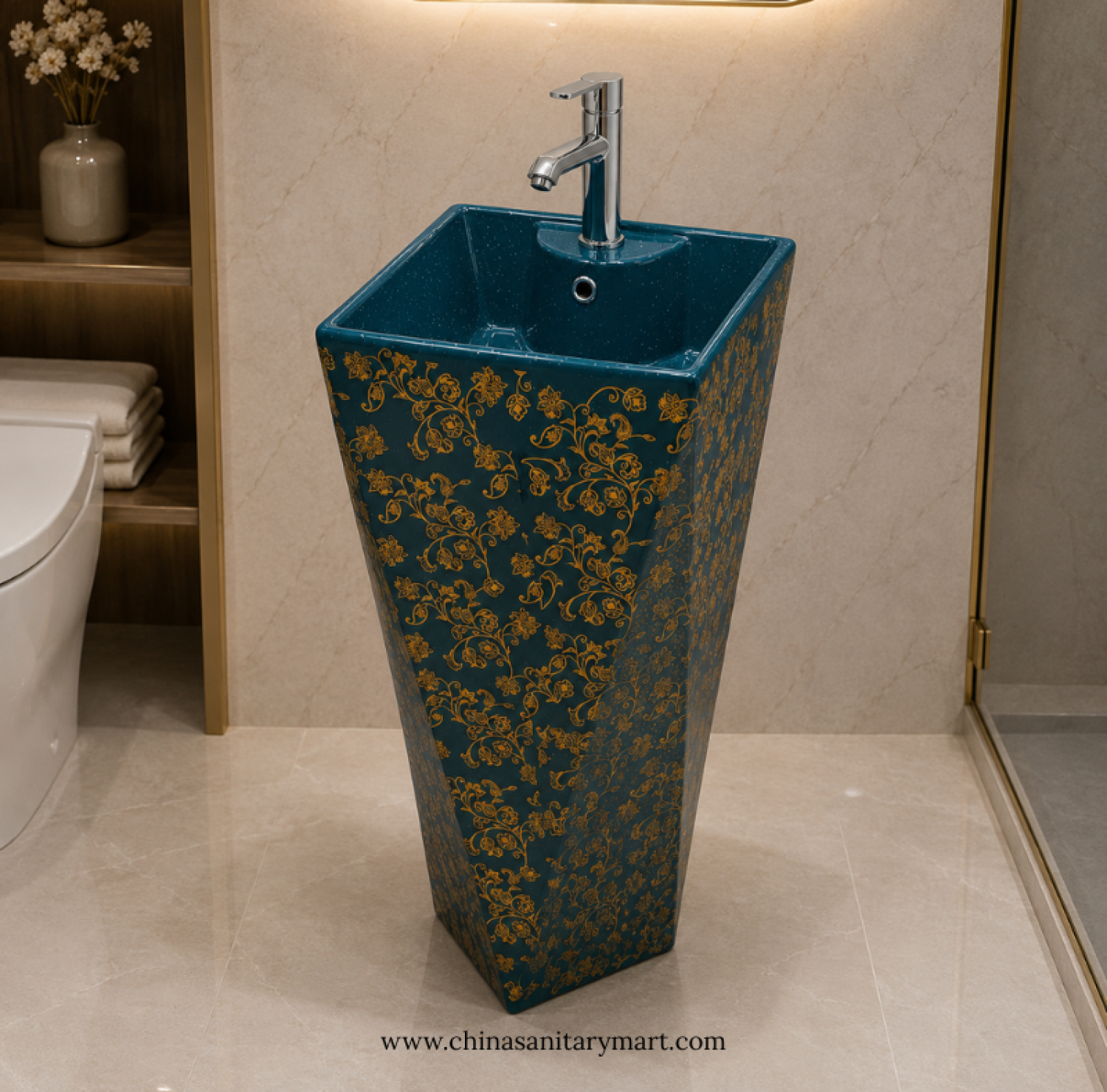 Gold Leaf Pattern Teal Diamond Shape Drum Basin, Teal Drum Basin, Gold Pattern Basin, Designer Pedestal Basin, Luxury Wash Basin Bangladesh, Decorative Ceramic Basin, Freestanding Basin