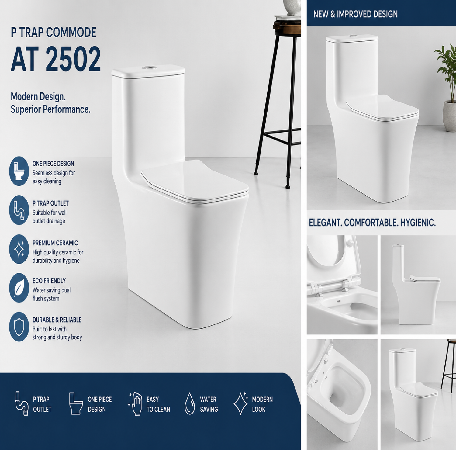 P Trap Commode AT 2502, P Trap Commode Bangladesh, One Piece Commode, Western Commode, Floor Mounted Commode, Ceramic Commode, White Commode, p trap commode