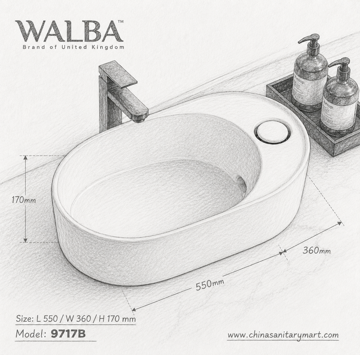Walba 9717B, Walba basin, table top basin, countertop basin, ceramic wash basin, white wash basin, oval basin, bathroom basin Bangladesh, wash basin price in Bangladesh, luxury basin, modern basin, China Sanitary Mart