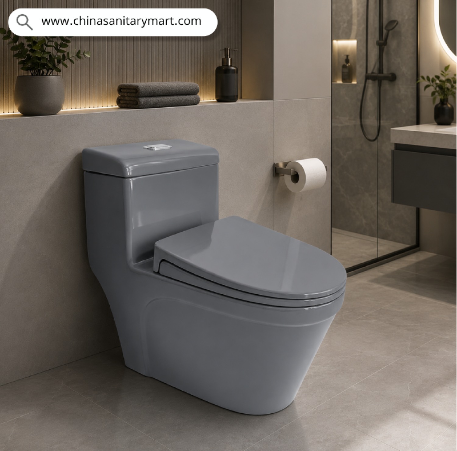 413-Go commode, Ornt Grey commode, grey toilet bowl, one-piece commode, luxury grey sanitary ware, gold accent toilet, modern floor standing toilet, China Sanitary Mart, premium bathroom fittings, one-piece water closet