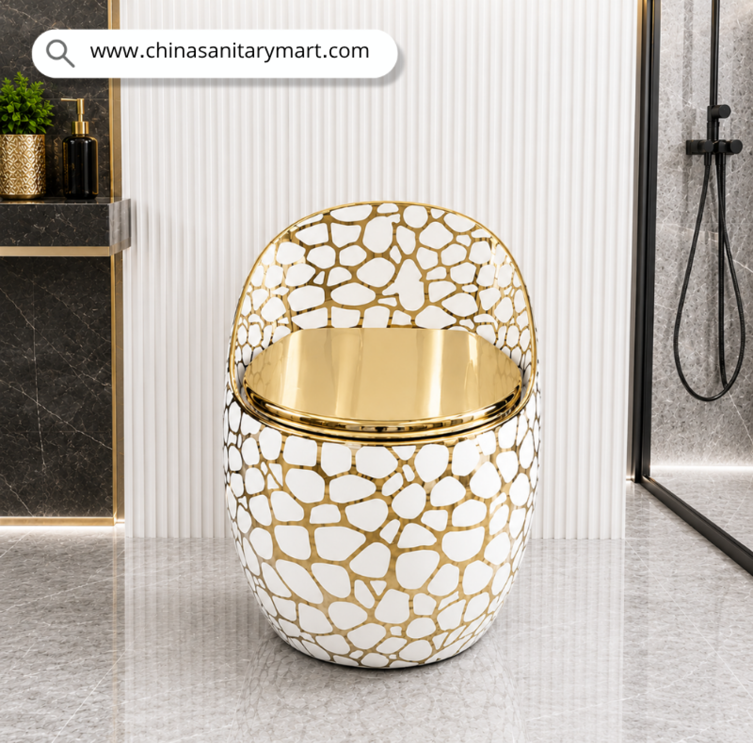 IS-T088GA White Golden Bubble Marble Shed Commode with luxury white and gold bubble marble finish, golden soft close seat, one piece ceramic floor mounted toilet for modern bathrooms, luxury homes, hotels and villas by China Sanitary Mart.