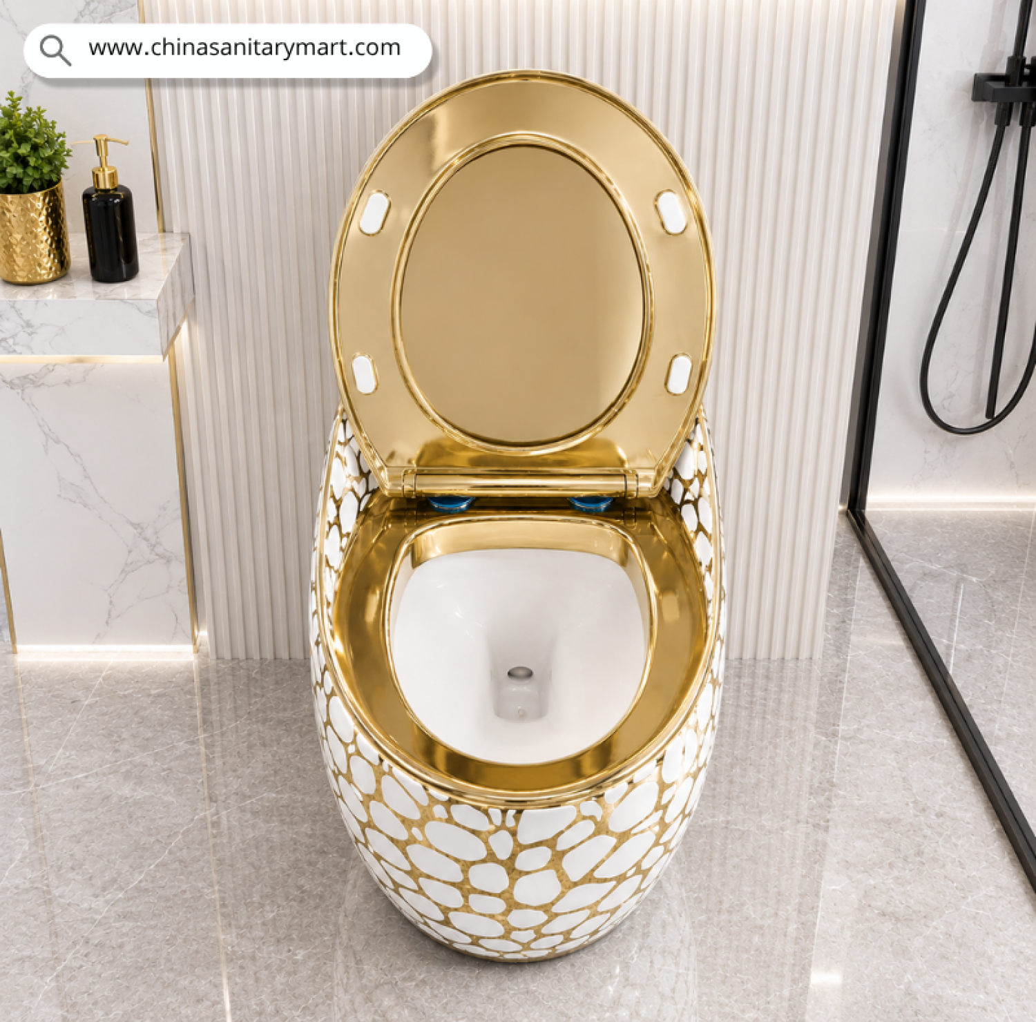 IS-T088GA White Golden Bubble Marble Shed Commode with luxury white and gold bubble marble finish, golden soft close seat, one piece ceramic floor mounted toilet for modern bathrooms, luxury homes, hotels and villas by China Sanitary Mart.
