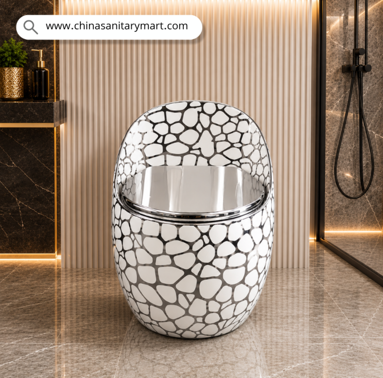 IS-T088GD White Silver Bubble Marble Shed Commode with premium white and silver bubble marble finish, luxury silver soft close seat, one piece ceramic floor mounted toilet for modern bathrooms, luxury homes, hotels and villas by China Sanitary Mart.