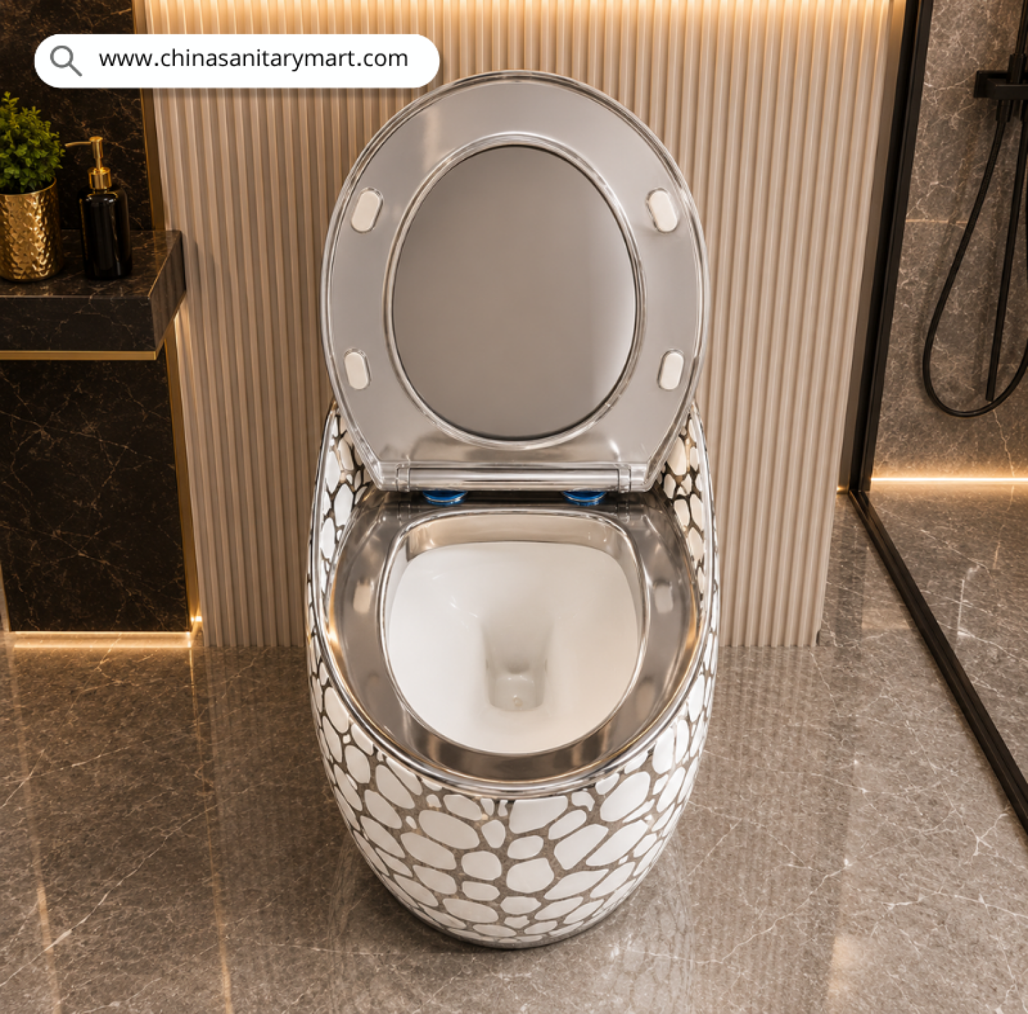 IS-T088GD White Silver Bubble Marble Shed Commode with premium white and silver bubble marble finish, luxury silver soft close seat, one piece ceramic floor mounted toilet for modern bathrooms, luxury homes, hotels and villas by China Sanitary Mart.
